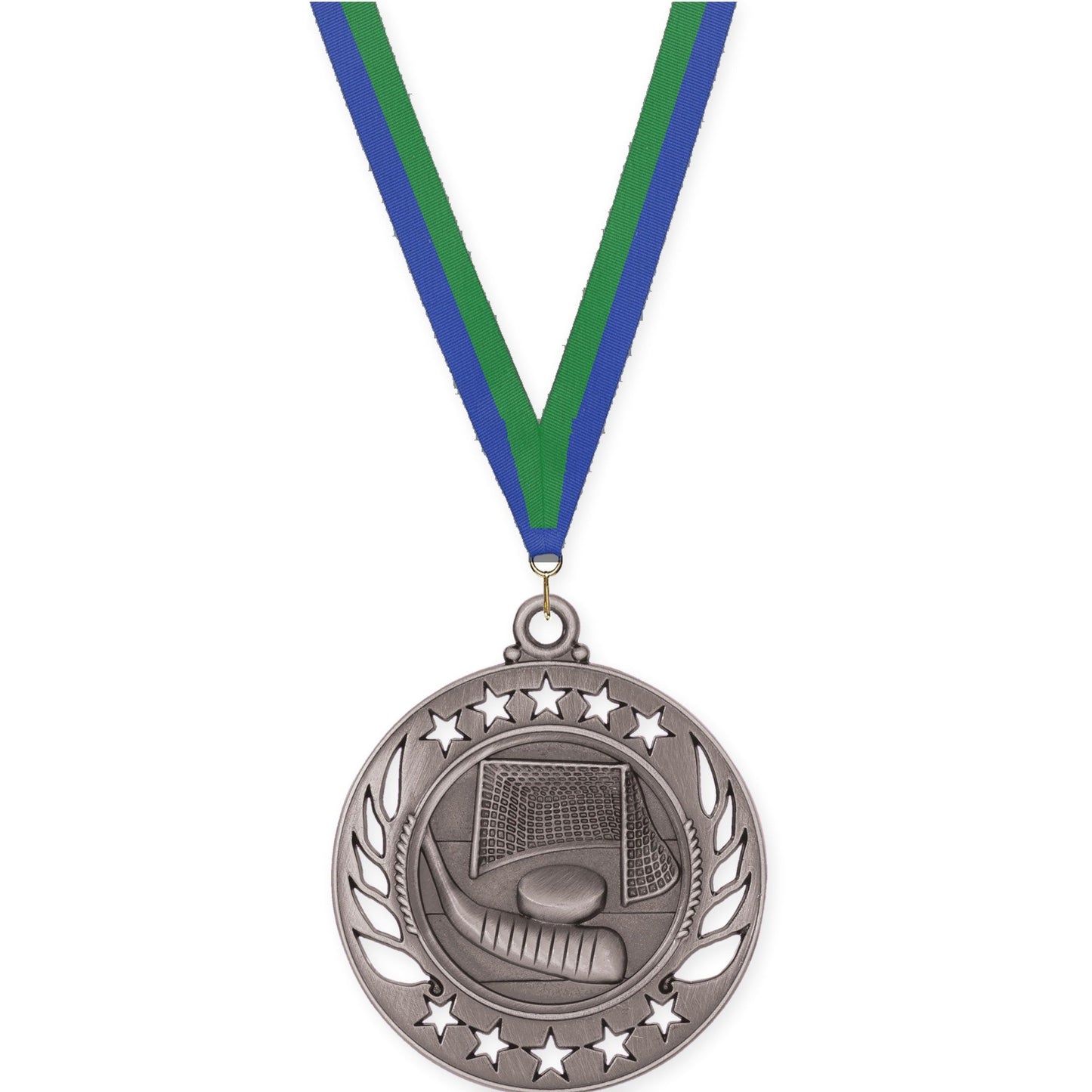 2 1/4 inch hockey Galaxy medal in antique silver with Blue Green neck ribbon