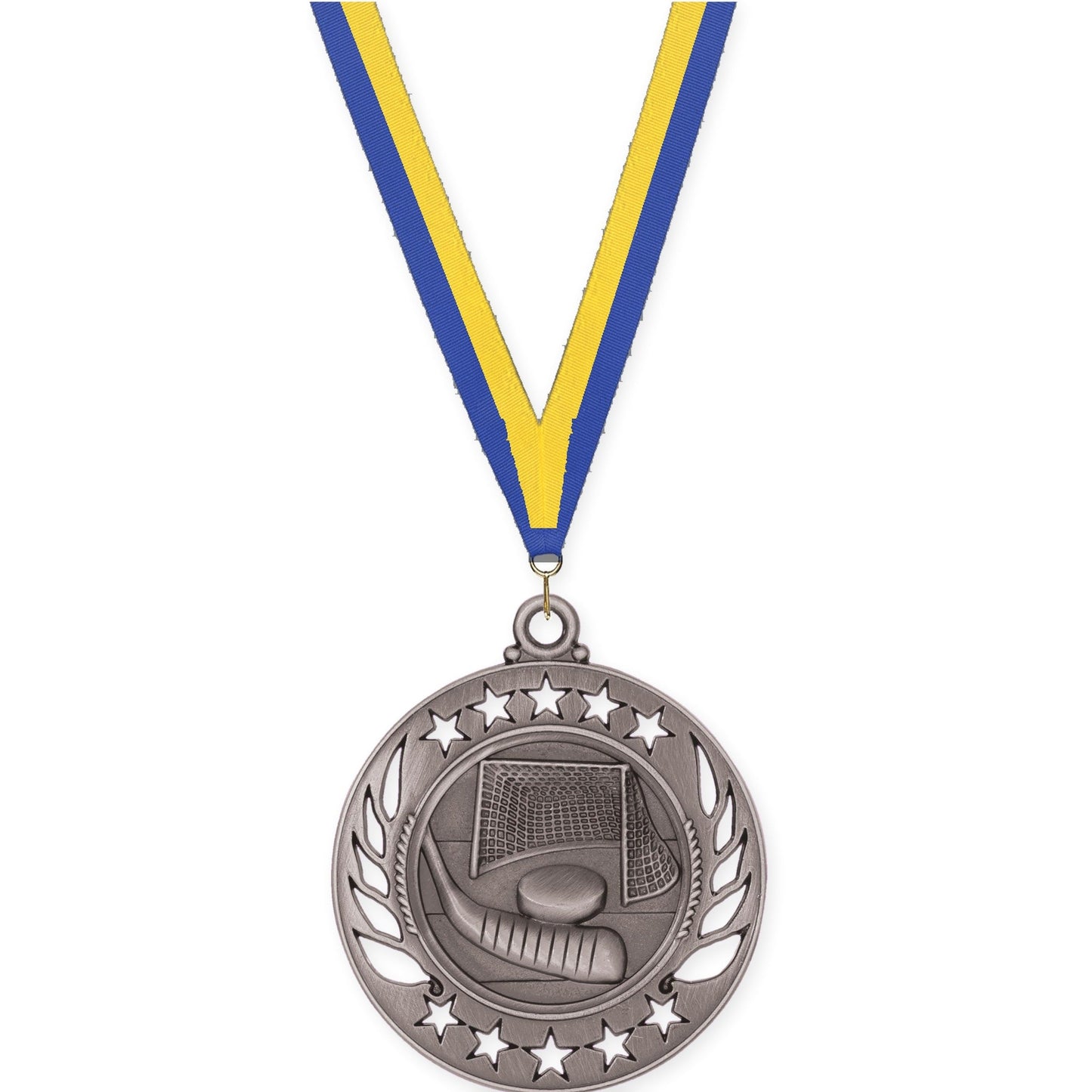 2 1/4 inch hockey Galaxy medal in antique silver with Blue Yellow neck ribbon