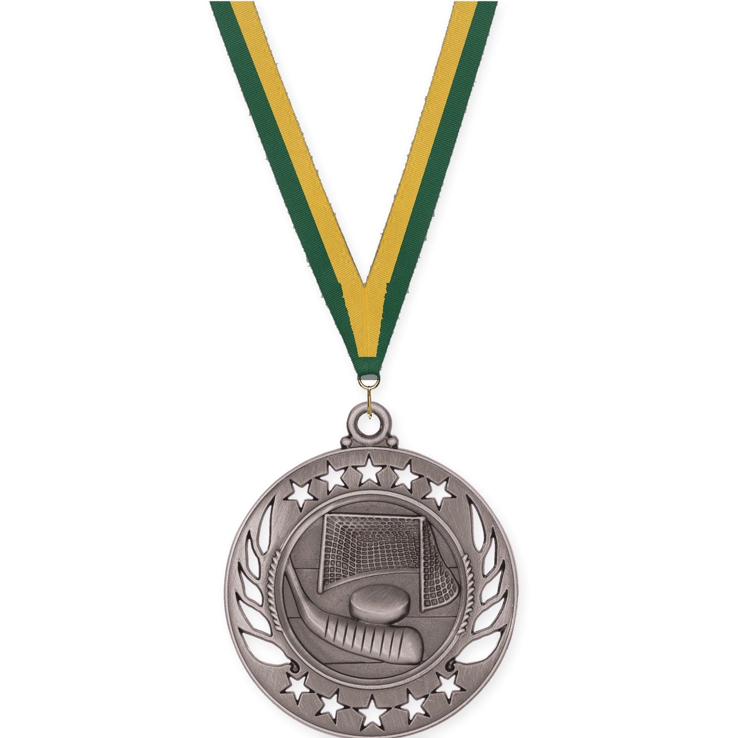 2 1/4 inch hockey Galaxy medal in antique silver with Hunter Green Gold neck ribbon