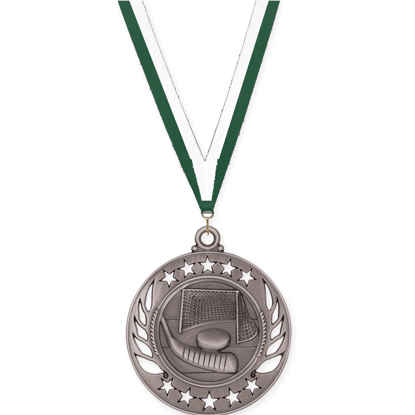 2 1/4 inch hockey Galaxy medal in antique silver with Hunter Green White neck ribbon
