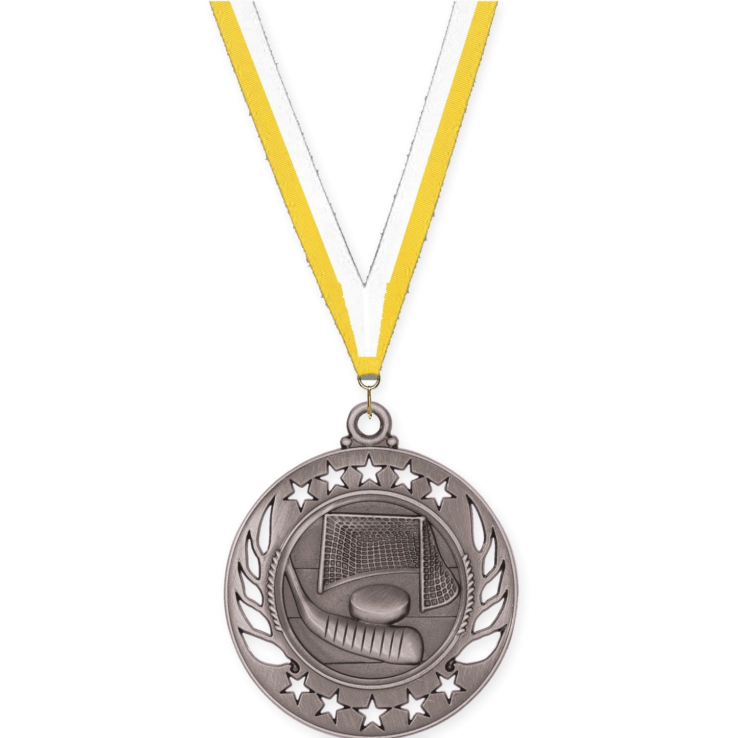 2 1/4 inch hockey Galaxy medal in antique silver with Yellow White neck ribbon
