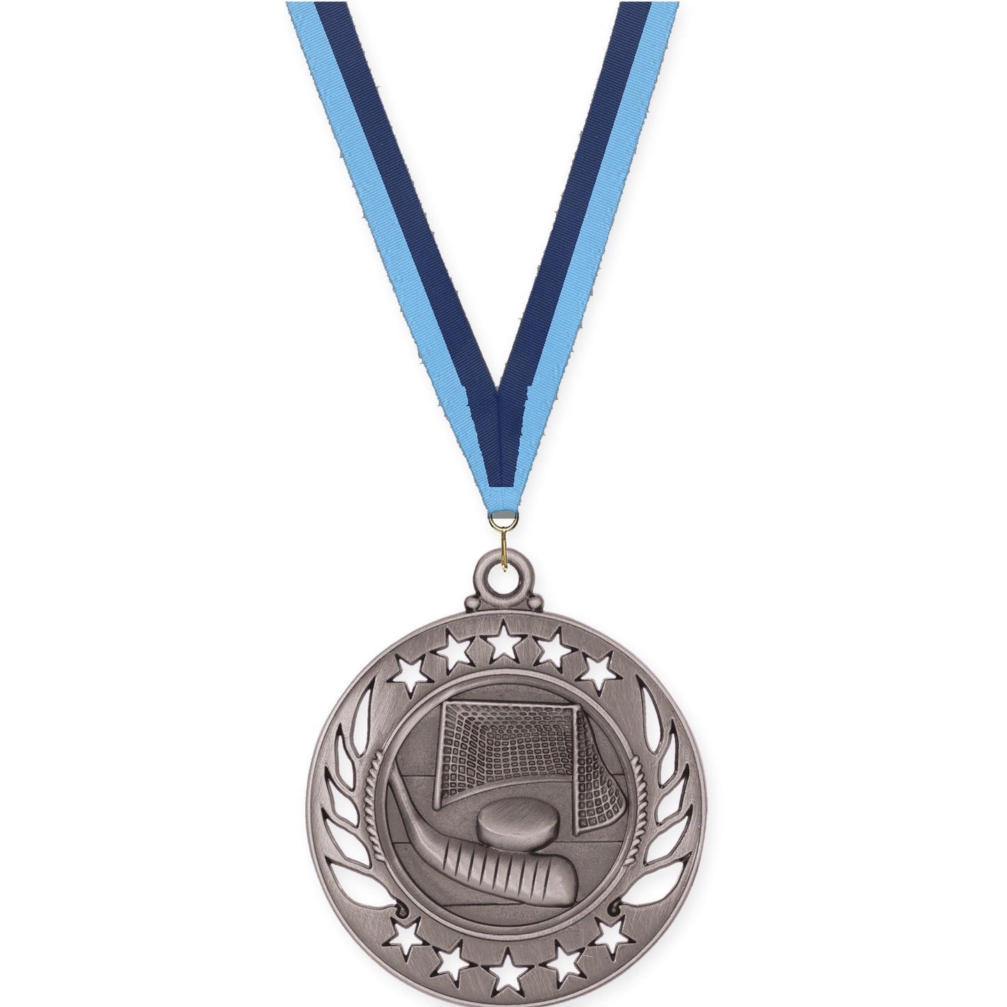2 1/4 inch hockey Galaxy medal in antique silver with Light Blue Navy neck ribbon