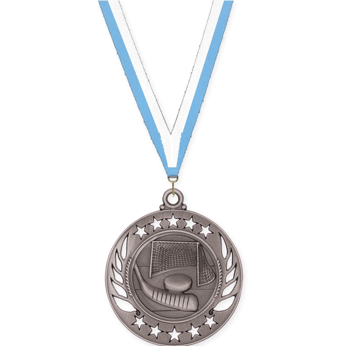 2 1/4 inch hockey Galaxy medal in antique silver with Light Blue White neck ribbon