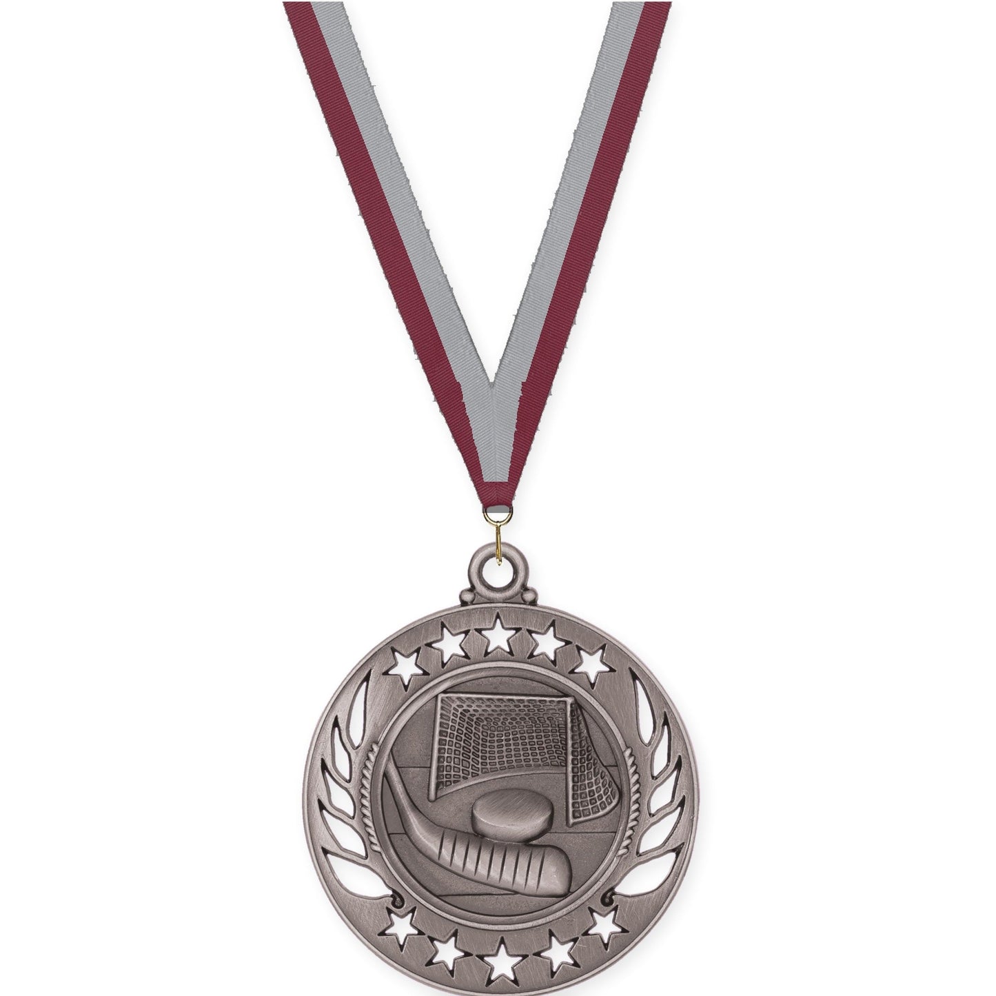2 1/4 inch hockey Galaxy medal in antique silver with Maroon Gray neck ribbon