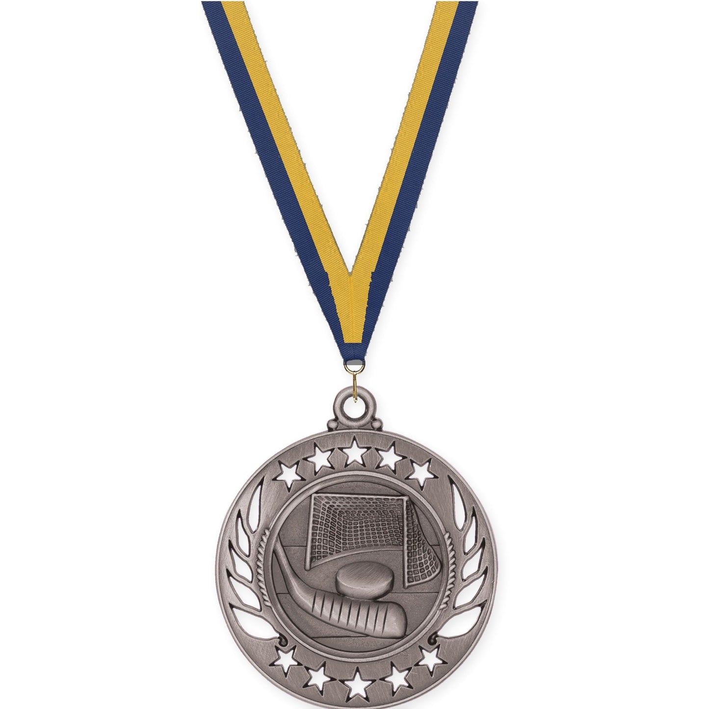 2 1/4 inch hockey Galaxy medal in antique silver with Navy Gold neck ribbon