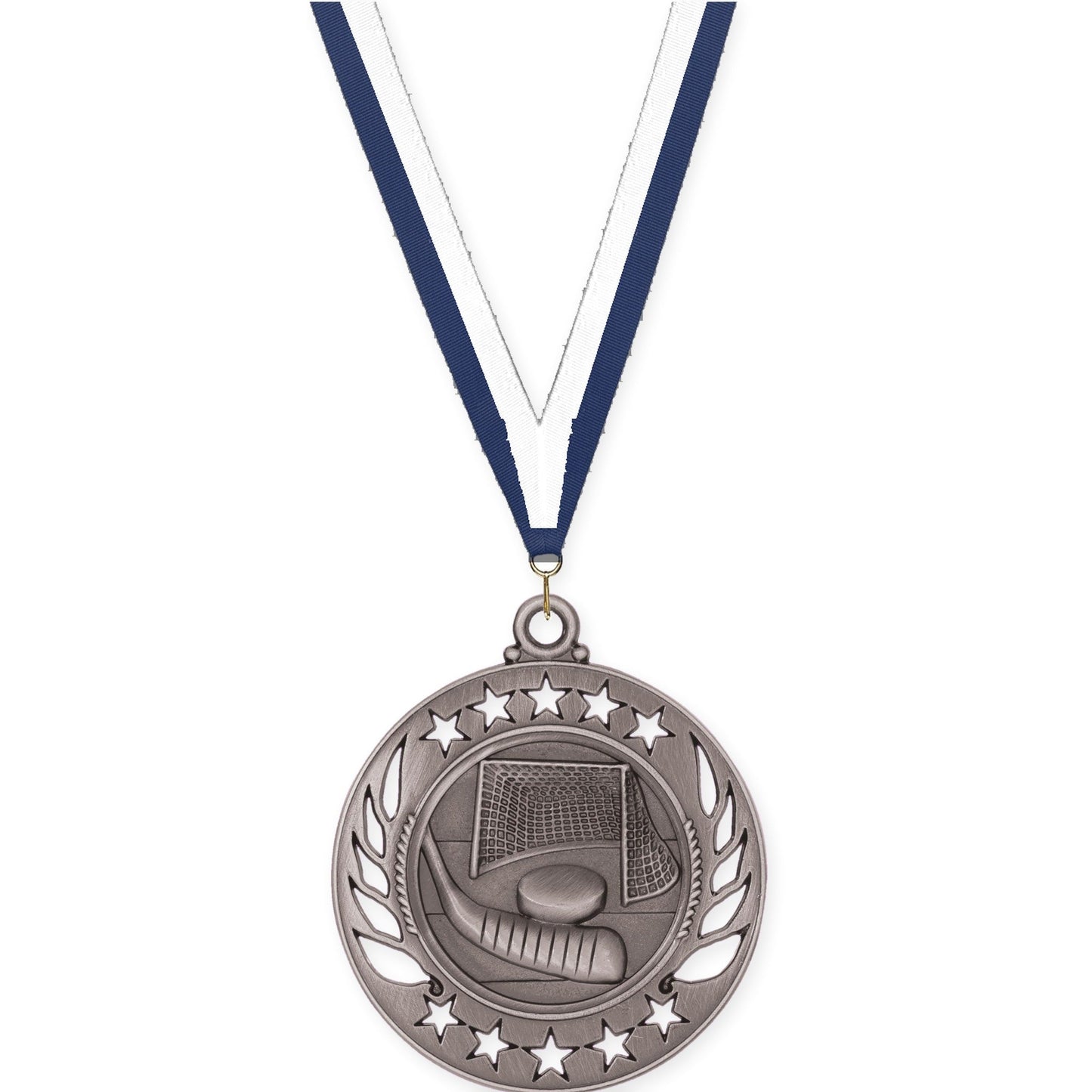 2 1/4 inch hockey Galaxy medal in antique silver with Navy White neck ribbon