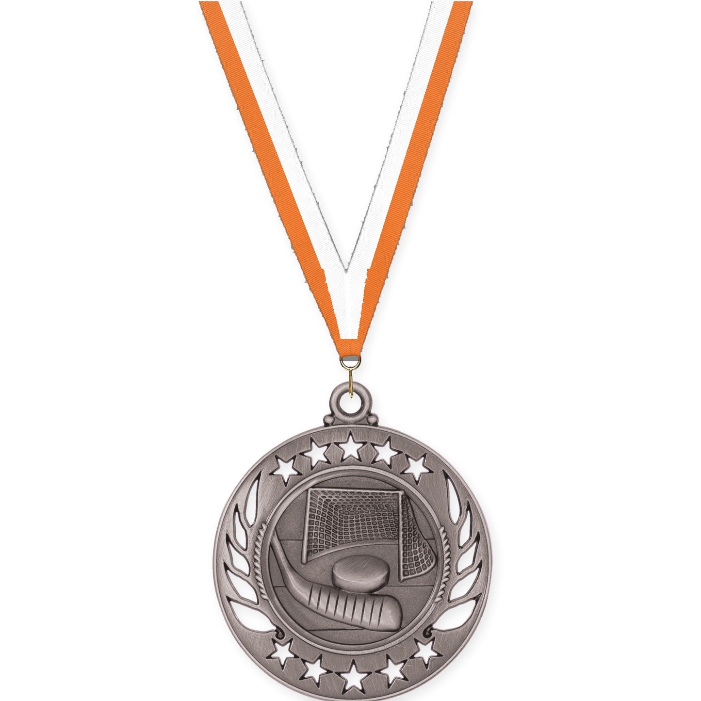 2 1/4 inch hockey Galaxy medal in antique silver with Orange White neck ribbon