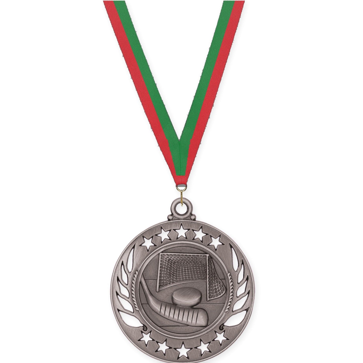 2 1/4 inch hockey Galaxy medal in antique silver with Red Green neck ribbon