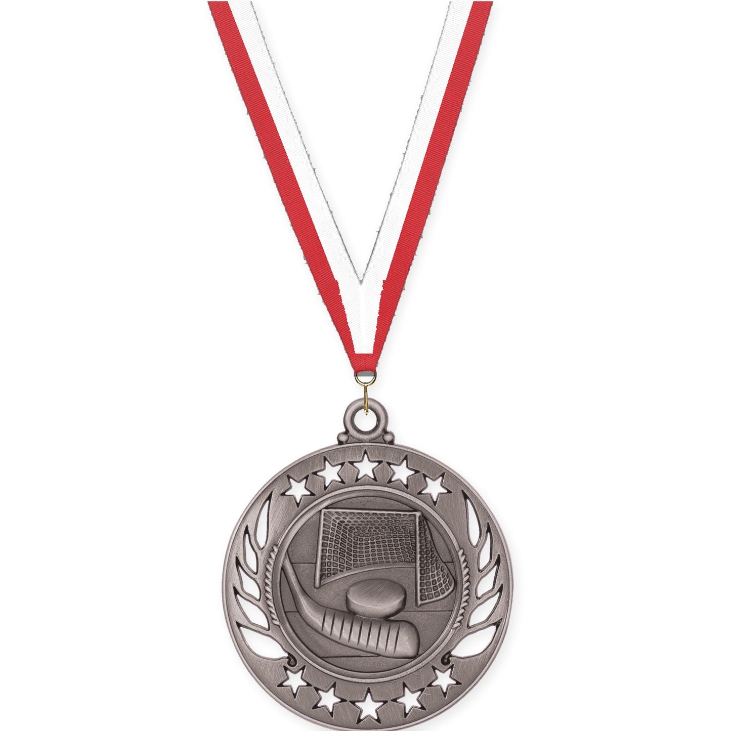 2 1/4 inch hockey Galaxy medal in antique silver with Red White neck ribbon
