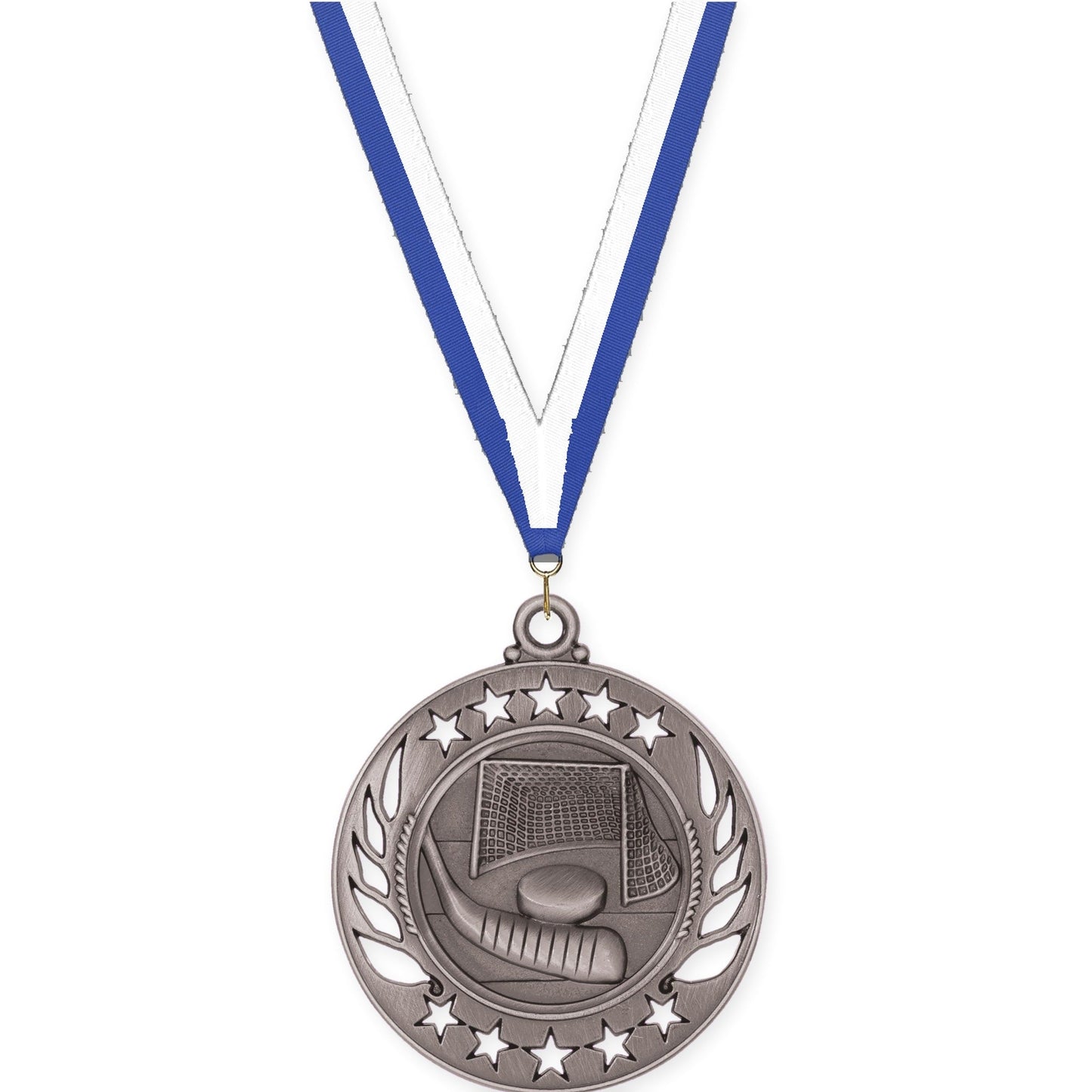 2 1/4 inch hockey Galaxy medal in antique silver with Blue White neck ribbon