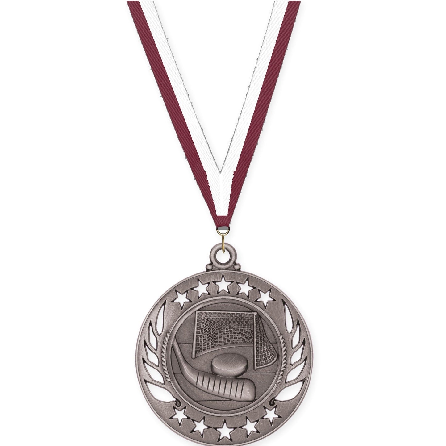 2 1/4 inch hockey Galaxy medal in antique silver with Maroon White neck ribbon