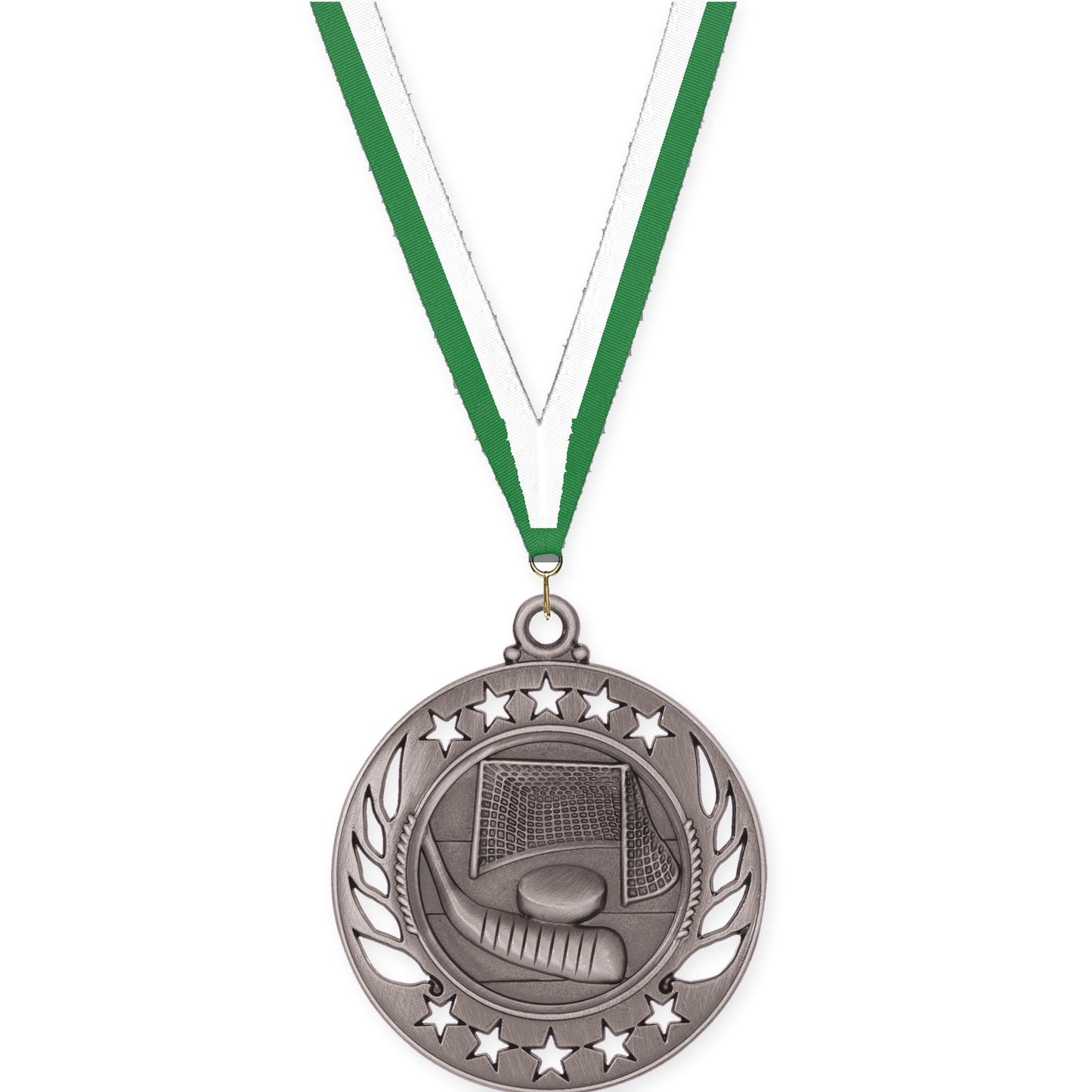 2 1/4 inch hockey Galaxy medal in antique silver with Green White neck ribbon