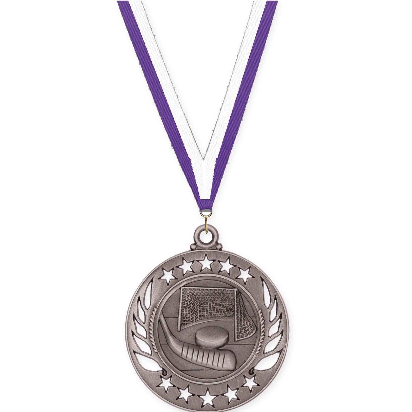 2 1/4 inch hockey Galaxy medal in antique silver with Purple White neck ribbon