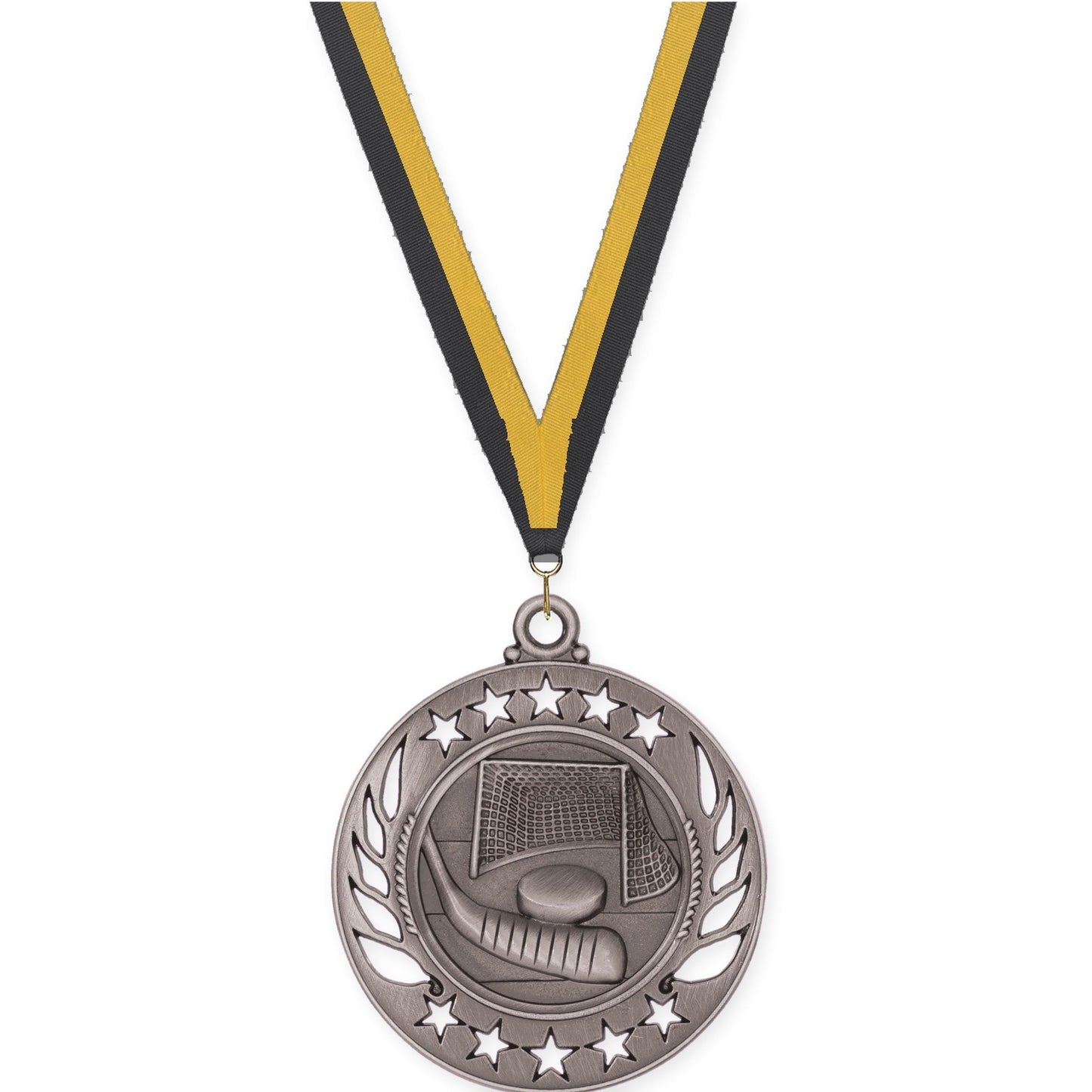 2 1/4 inch hockey Galaxy medal in antique silver with Black Gold neck ribbon