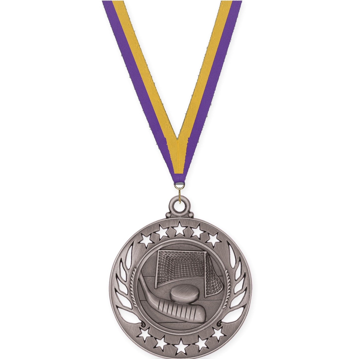 2 1/4 inch hockey Galaxy medal in antique silver with Purple Gold neck ribbon