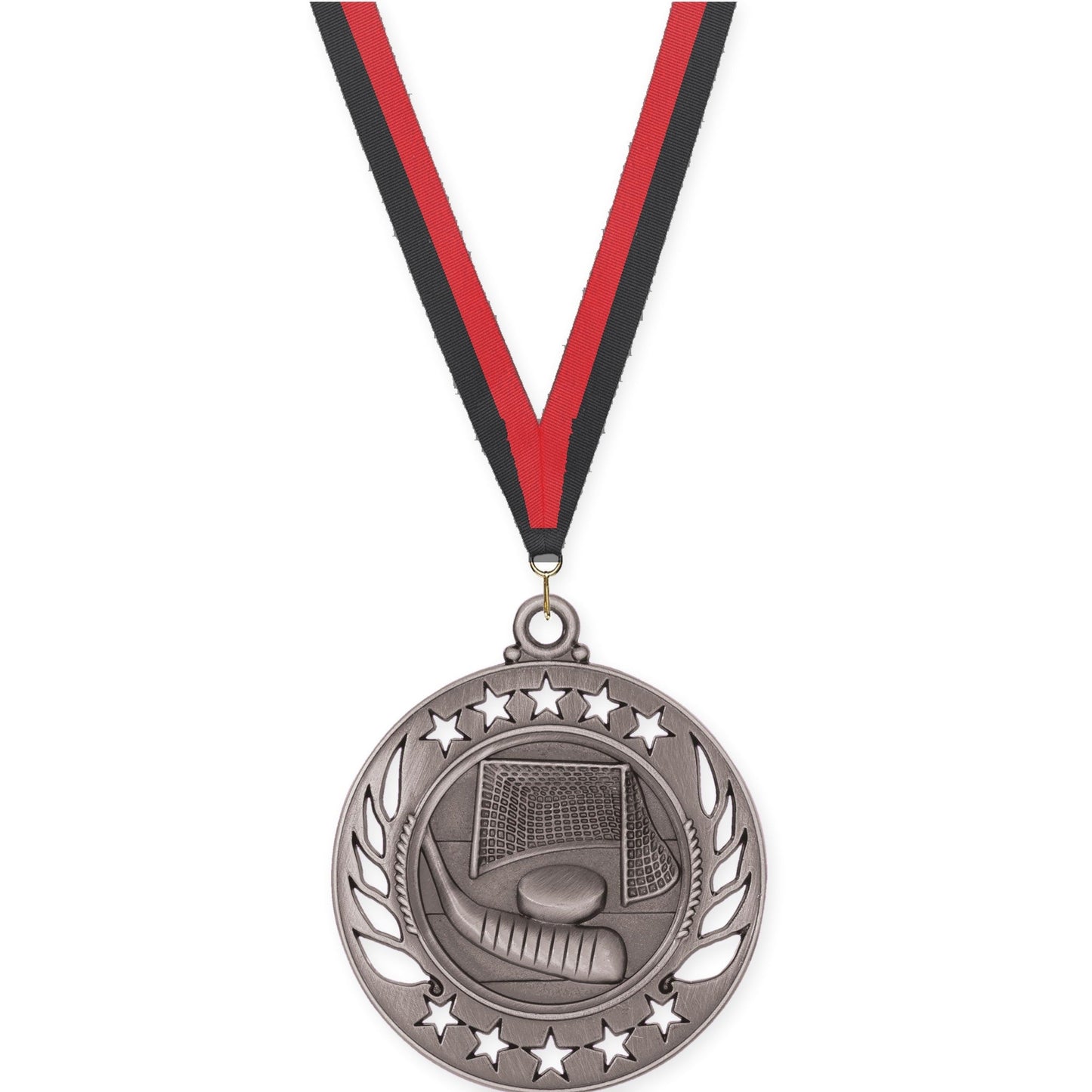 2 1/4 inch hockey Galaxy medal in antique silver with Black Red neck ribbon
