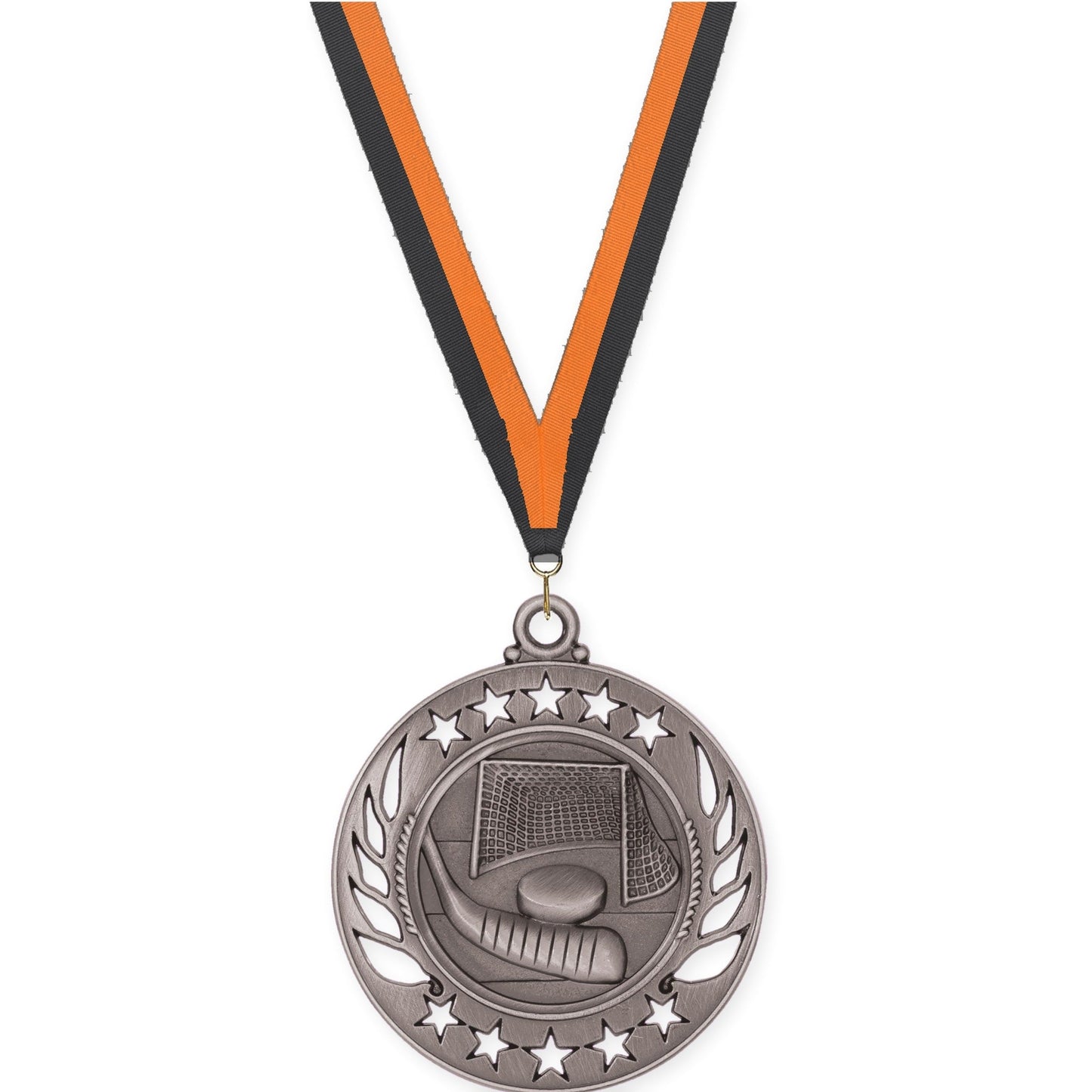 2 1/4 inch hockey Galaxy medal in antique silver with Black Orange neck ribbon