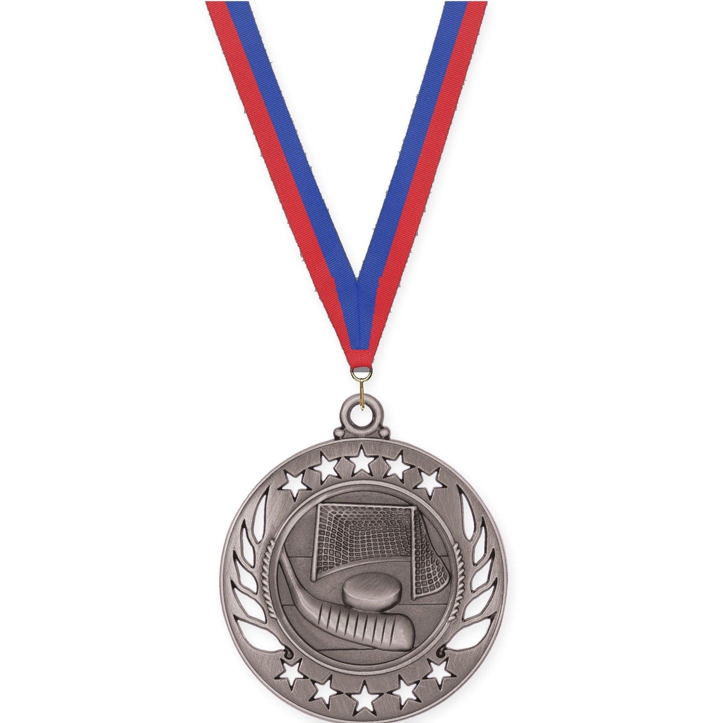 2 1/4 inch hockey Galaxy medal in antique silver with Blue Red neck ribbon