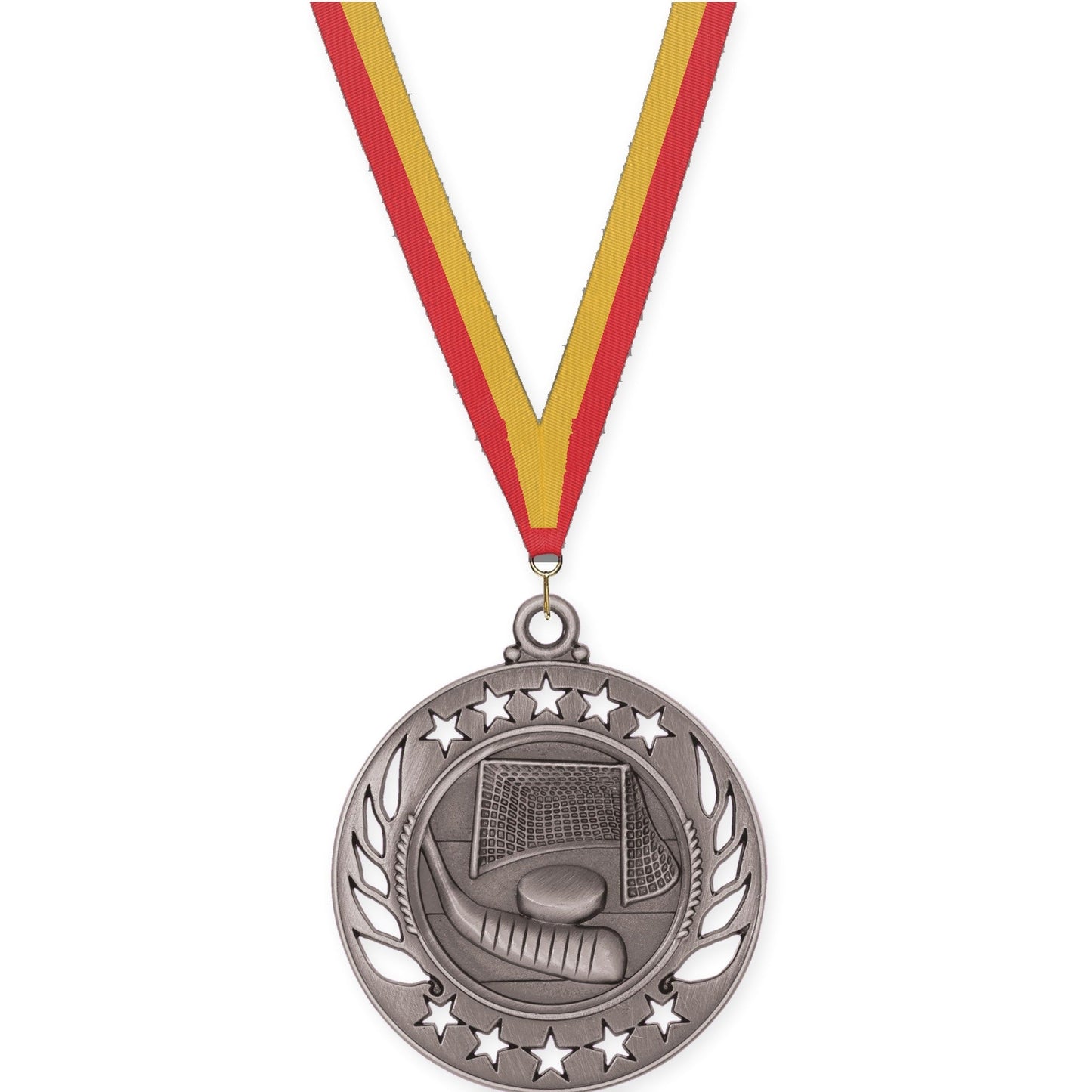 2 1/4 inch hockey Galaxy medal in antique silver with Red Gold neck ribbon