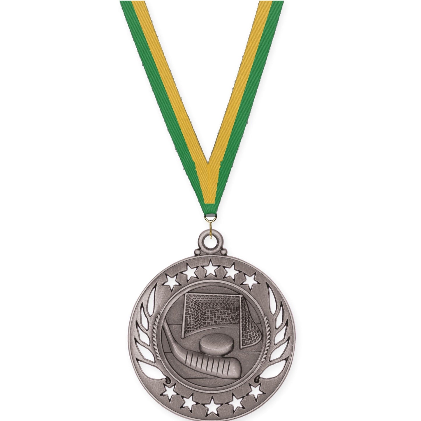 2 1/4 inch hockey Galaxy medal in antique silver with Green Gold neck ribbon