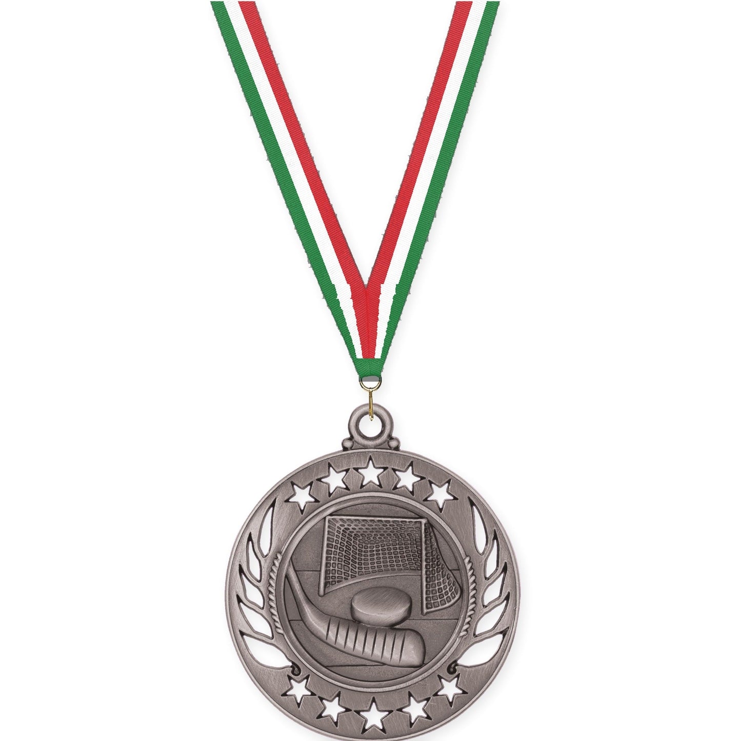 2 1/4 inch hockey Galaxy medal in antique silver with Green White Red neck ribbon