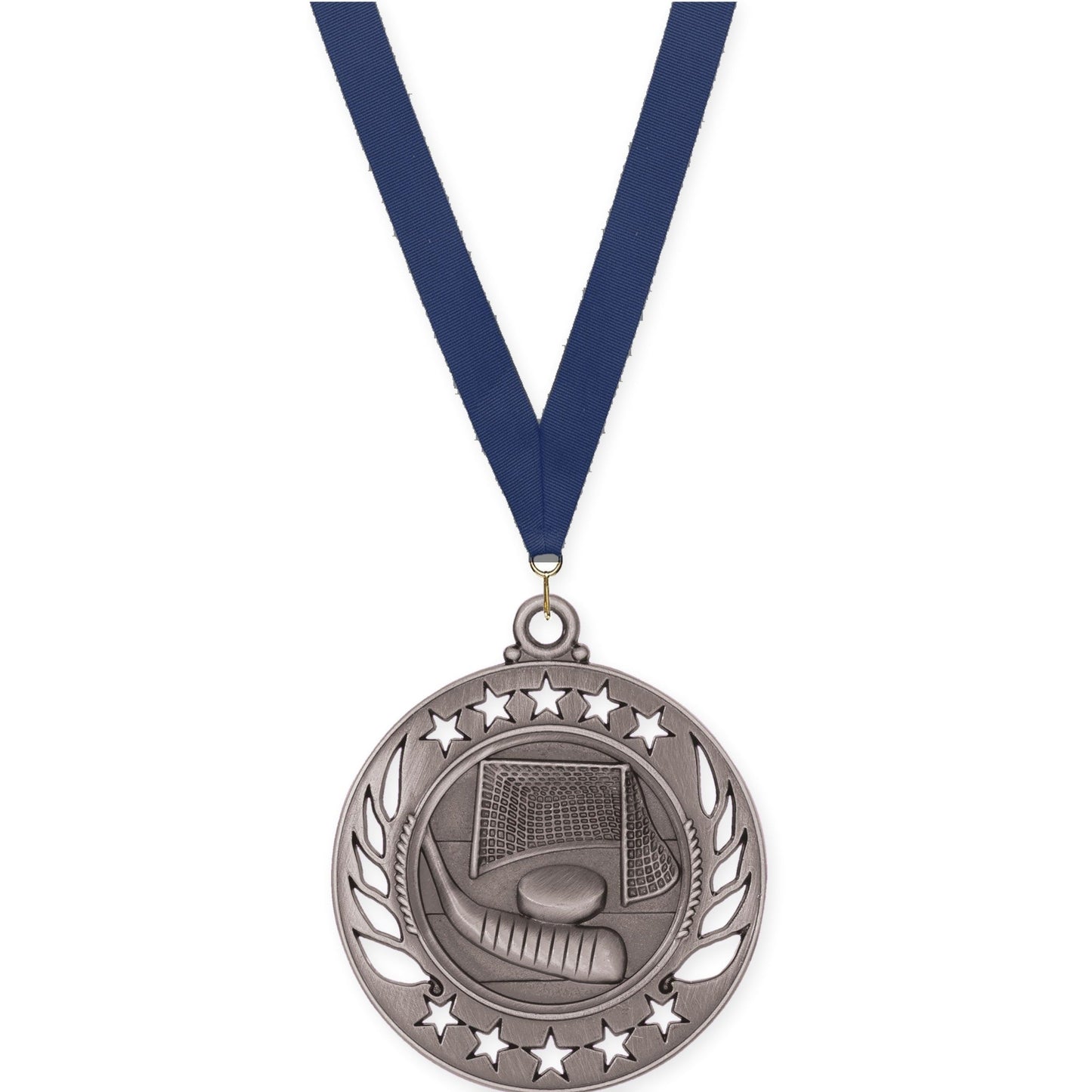 2 1/4 inch hockey Galaxy medal in antique silver with Navy neck ribbon