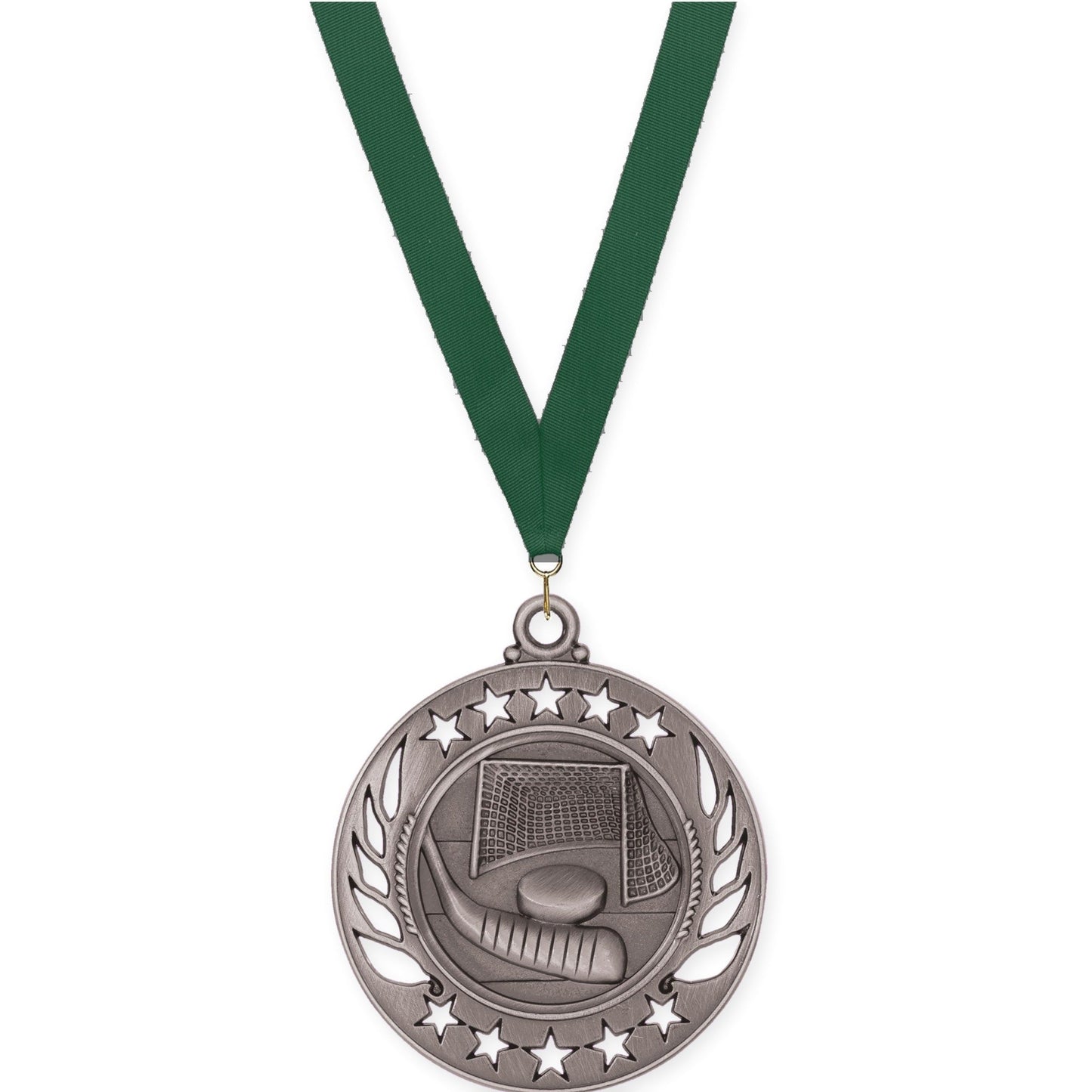 2 1/4 inch hockey Galaxy medal in antique silver with Hunter Green neck ribbon