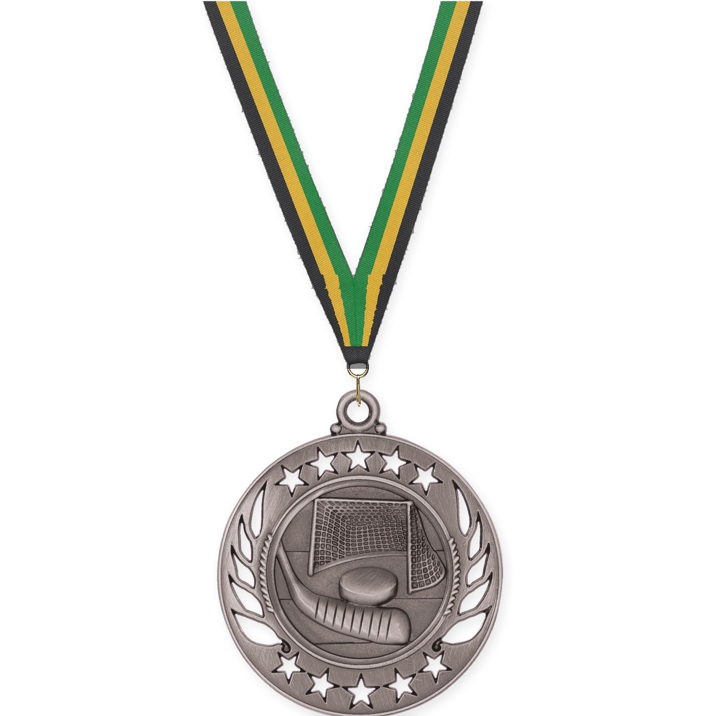 2 1/4 inch hockey Galaxy medal in antique silver with Black Gold Green neck ribbon
