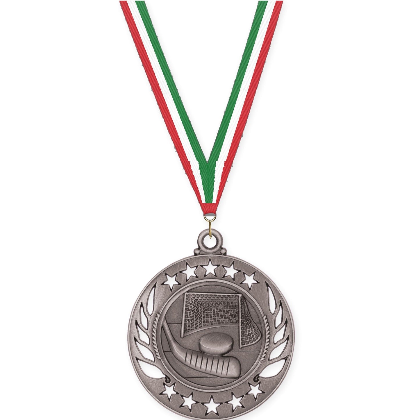 2 1/4 inch hockey Galaxy medal in antique silver with Red White Green neck ribbon