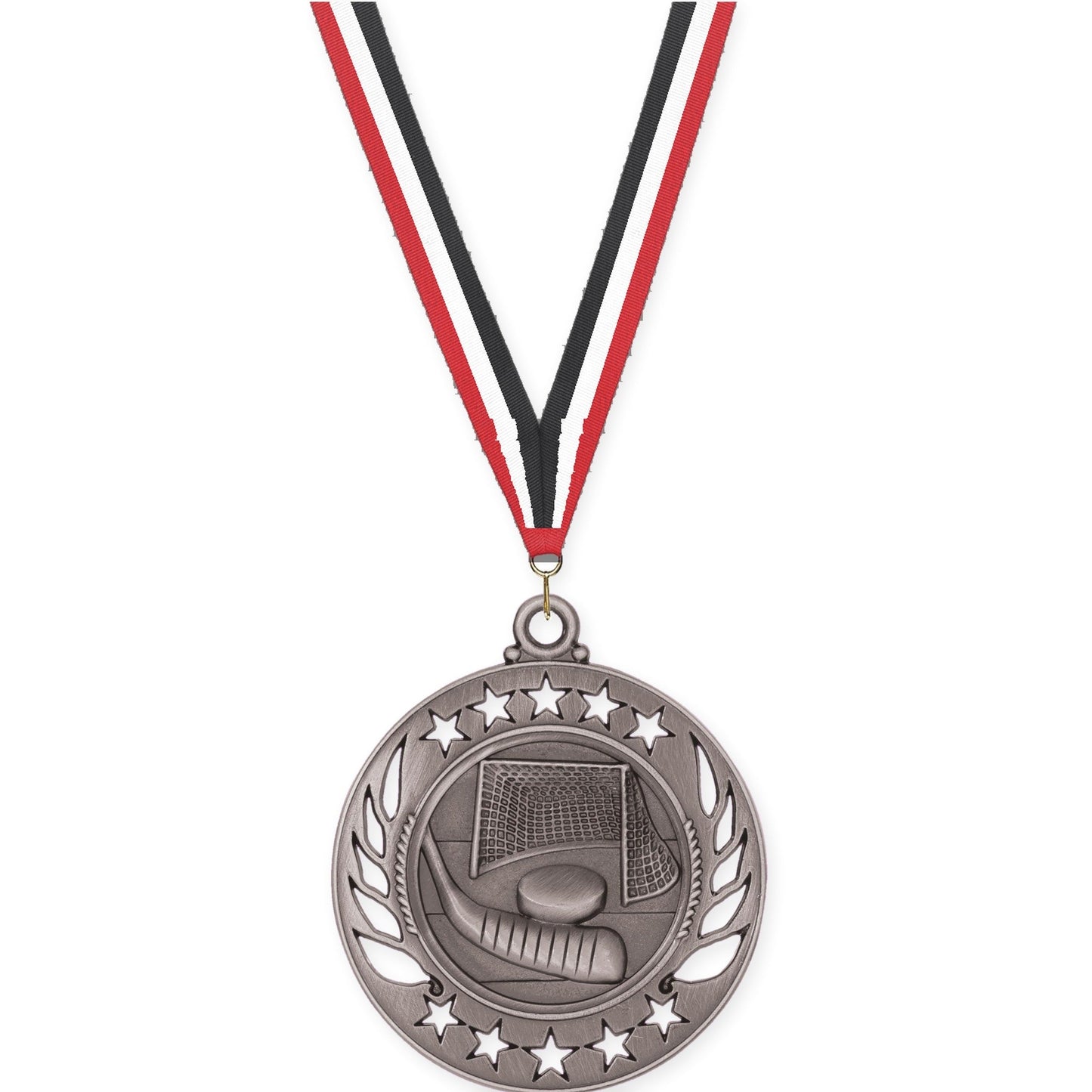 2 1/4 inch hockey Galaxy medal in antique silver with Red White Black neck ribbon
