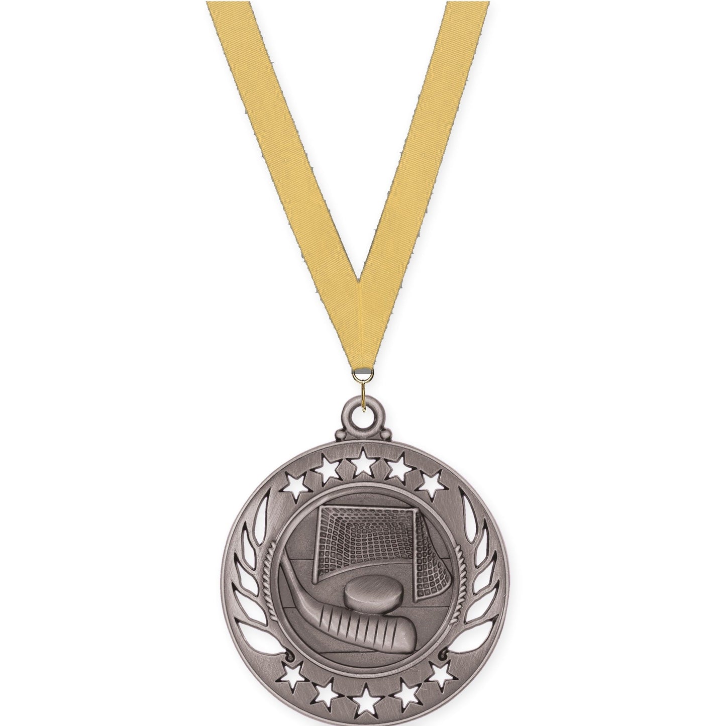 2 1/4 inch hockey Galaxy medal in antique silver with Gold Metallic neck ribbon