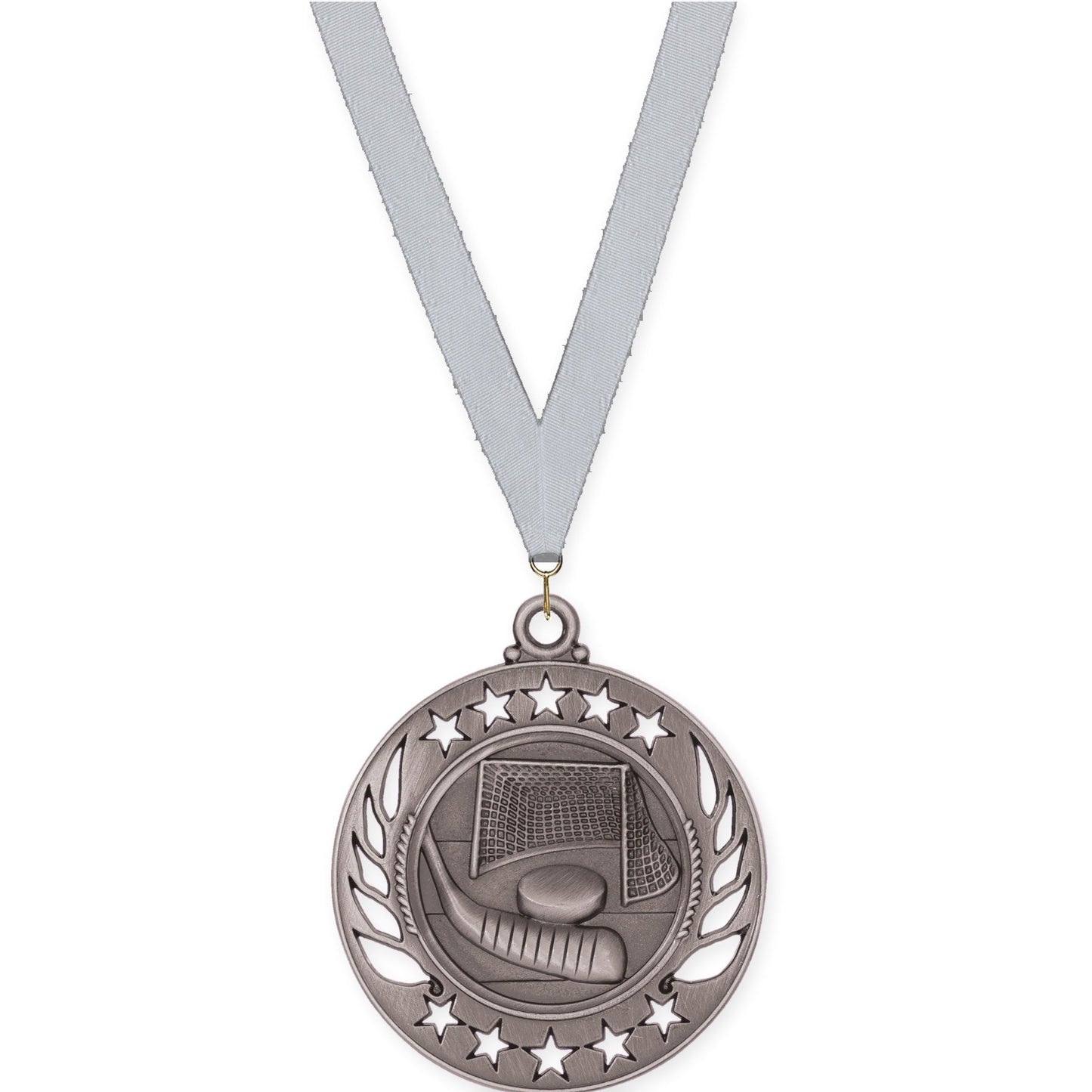 2 1/4 inch hockey Galaxy medal in antique silver with Silver Metallic neck ribbon