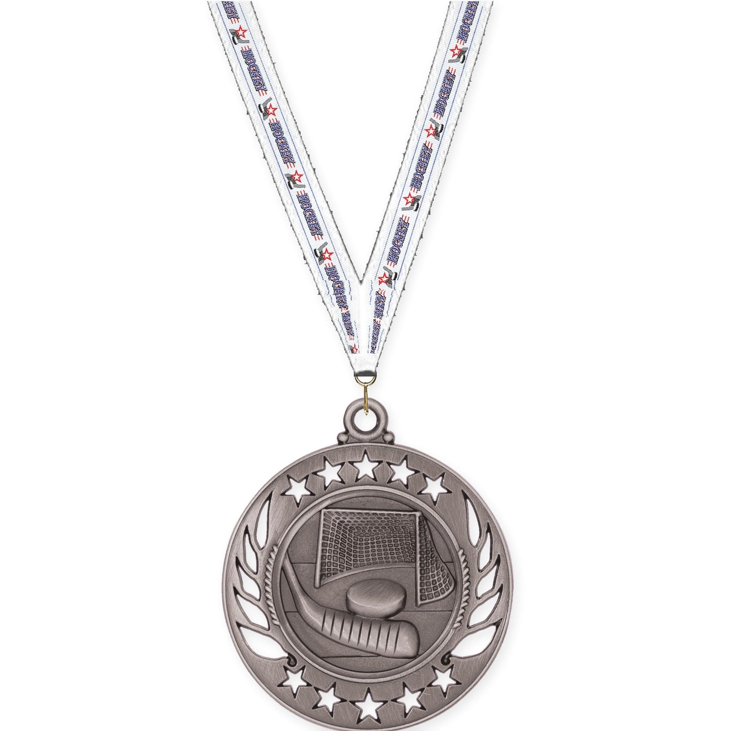 2 1/4 inch hockey Galaxy medal in antique silver with Hockey neck ribbon
