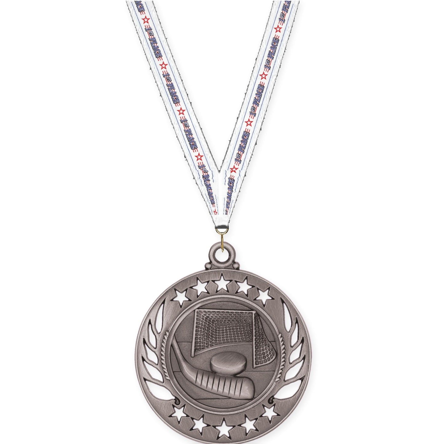 2 1/4 inch hockey Galaxy medal in antique silver with 1st Place neck ribbon