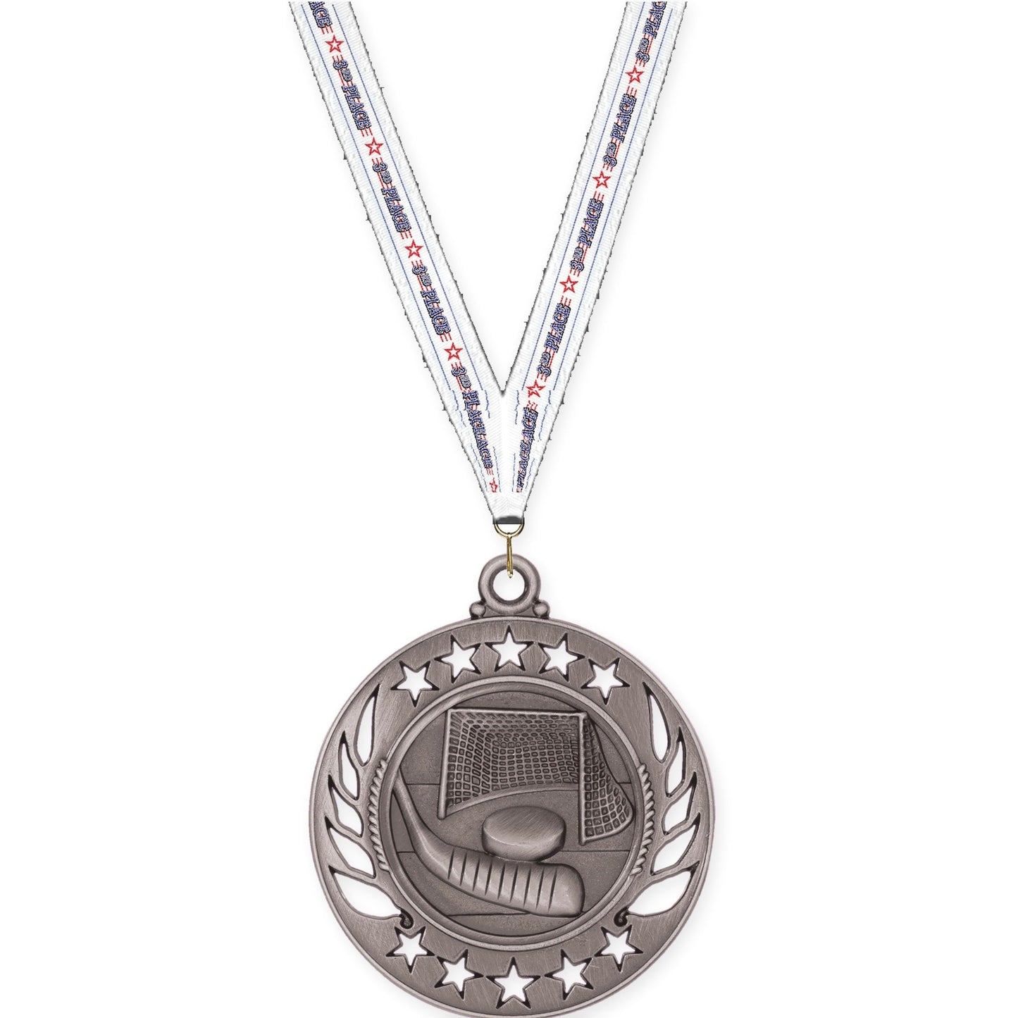 2 1/4 inch hockey Galaxy medal in antique silver with 3rd Place neck ribbon