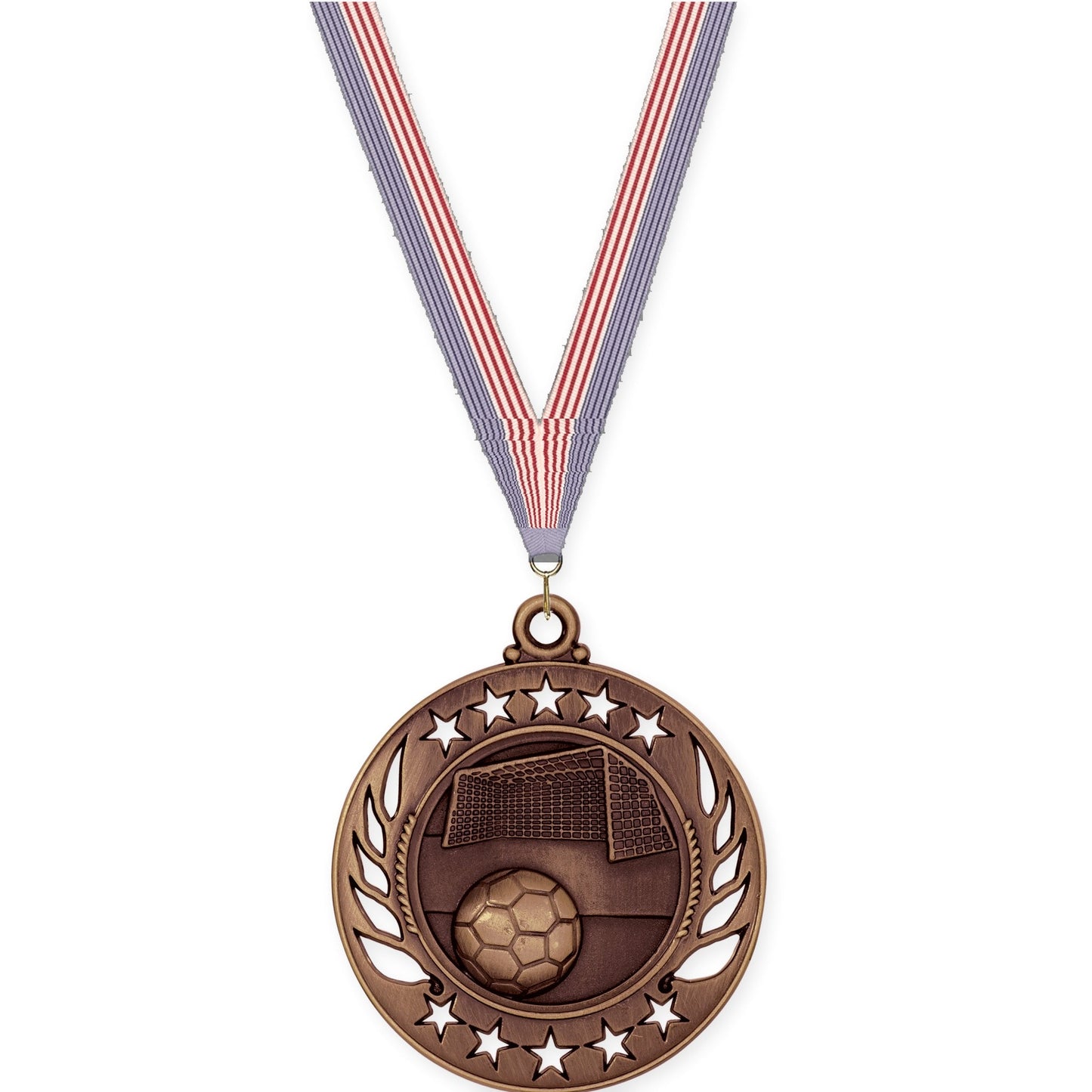 2 1/4 inch soccer Galaxy medal in antique bronze with USA Flag neck ribbon