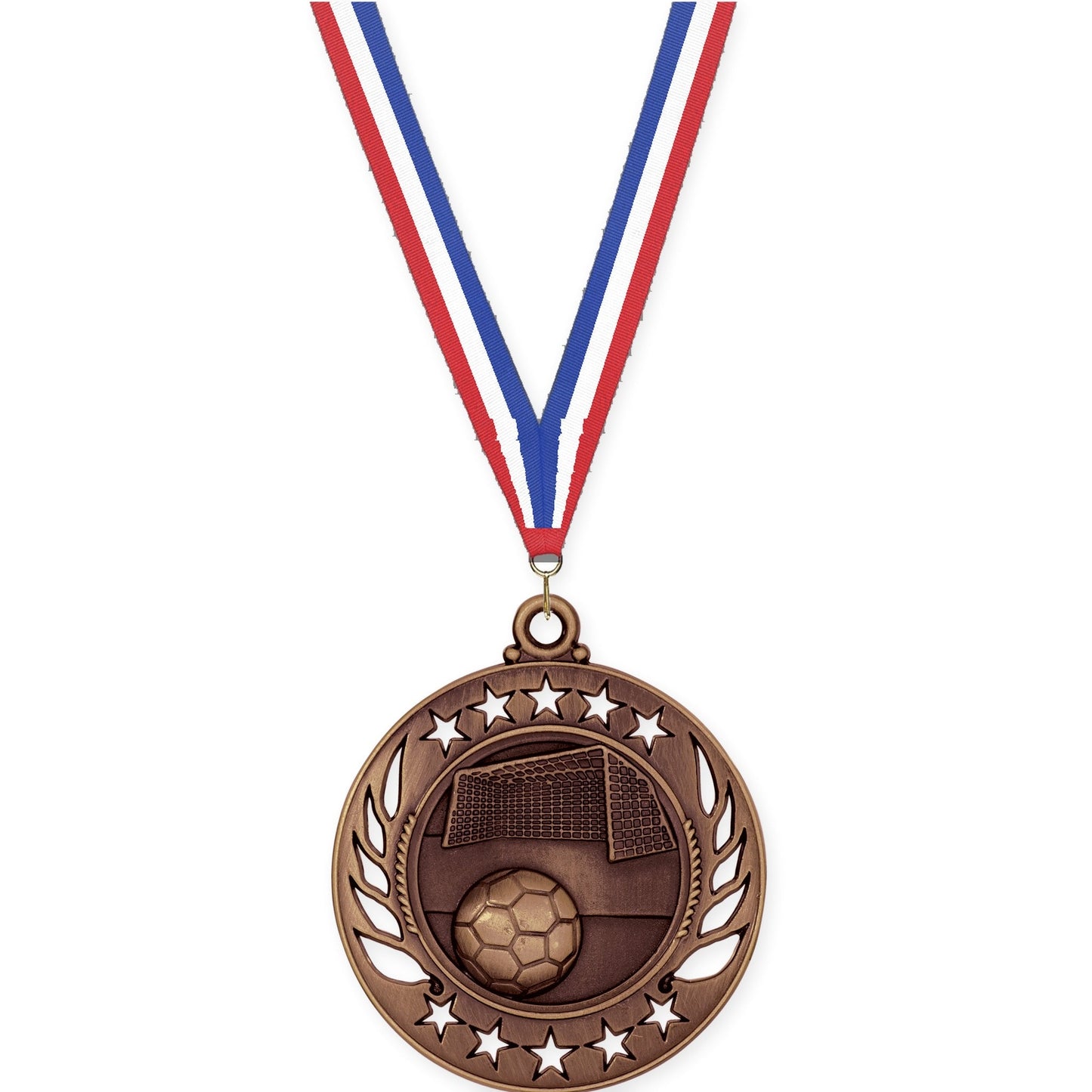 2 1/4 inch soccer Galaxy medal in antique bronze with Red White Blue neck ribbon