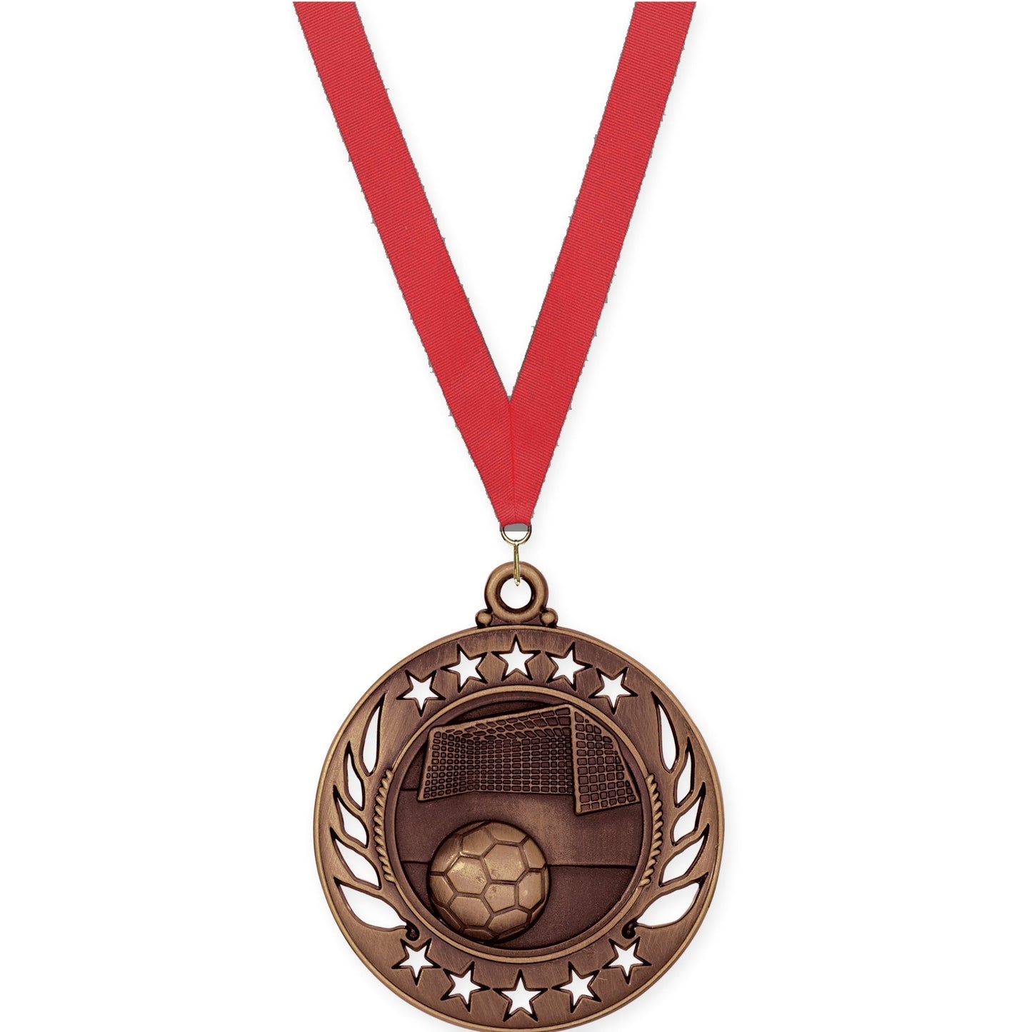 2 1/4 inch soccer Galaxy medal in antique bronze with Red neck ribbon