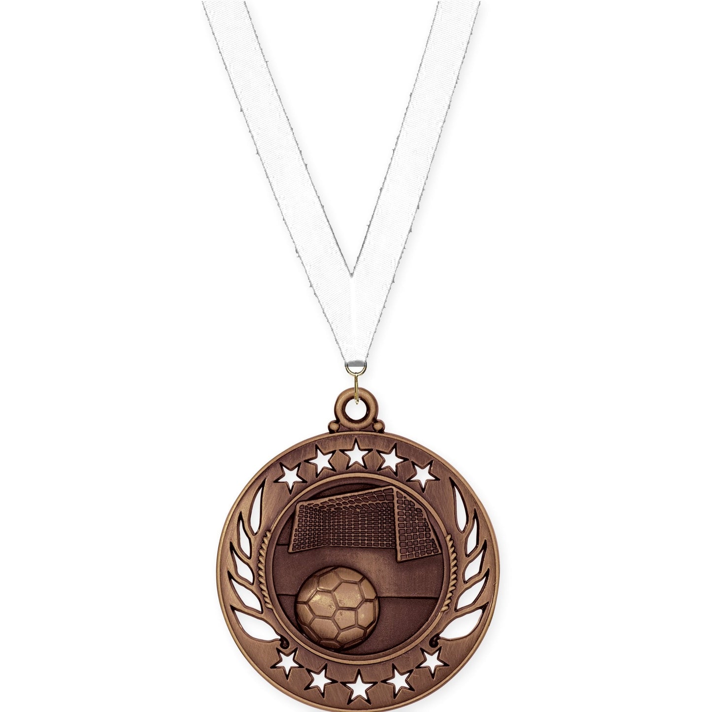 2 1/4 inch soccer Galaxy medal in antique bronze with White neck ribbon