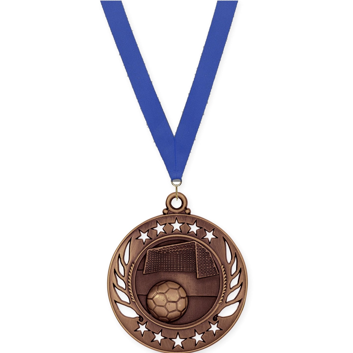 2 1/4 inch soccer Galaxy medal in antique bronze with Blue neck ribbon