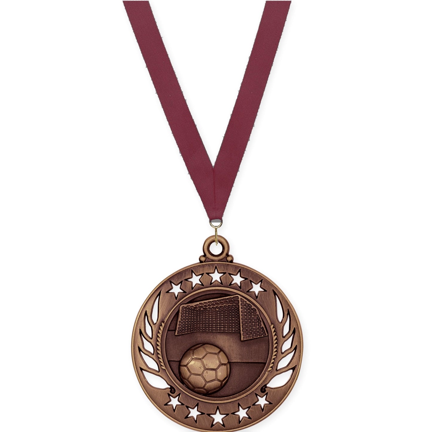 2 1/4 inch soccer Galaxy medal in antique bronze with Maroon neck ribbon