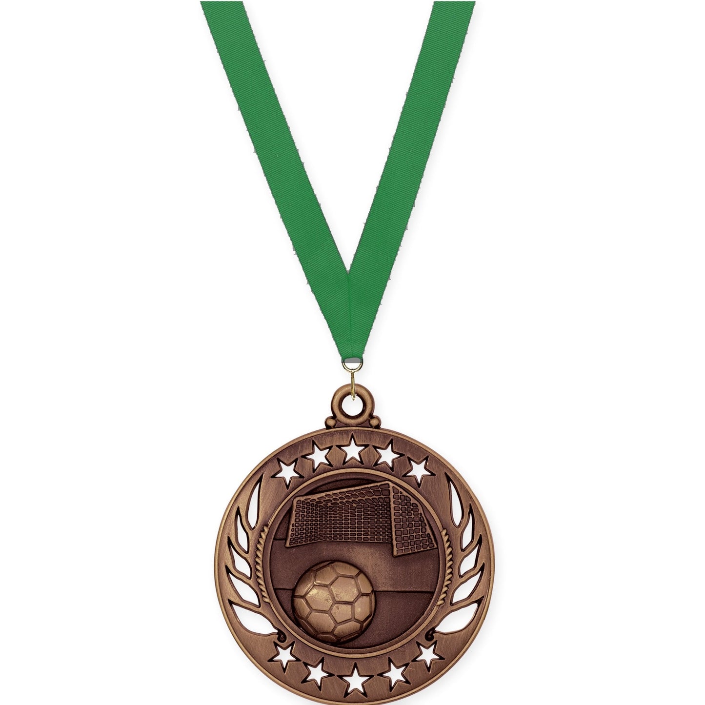 2 1/4 inch soccer Galaxy medal in antique bronze with Green neck ribbon