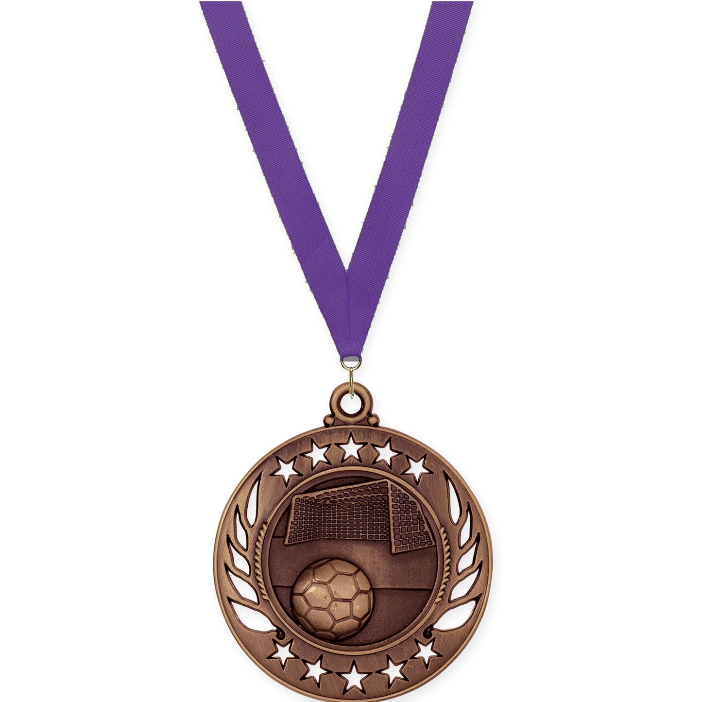 2 1/4 inch soccer Galaxy medal in antique bronze with Purple neck ribbon