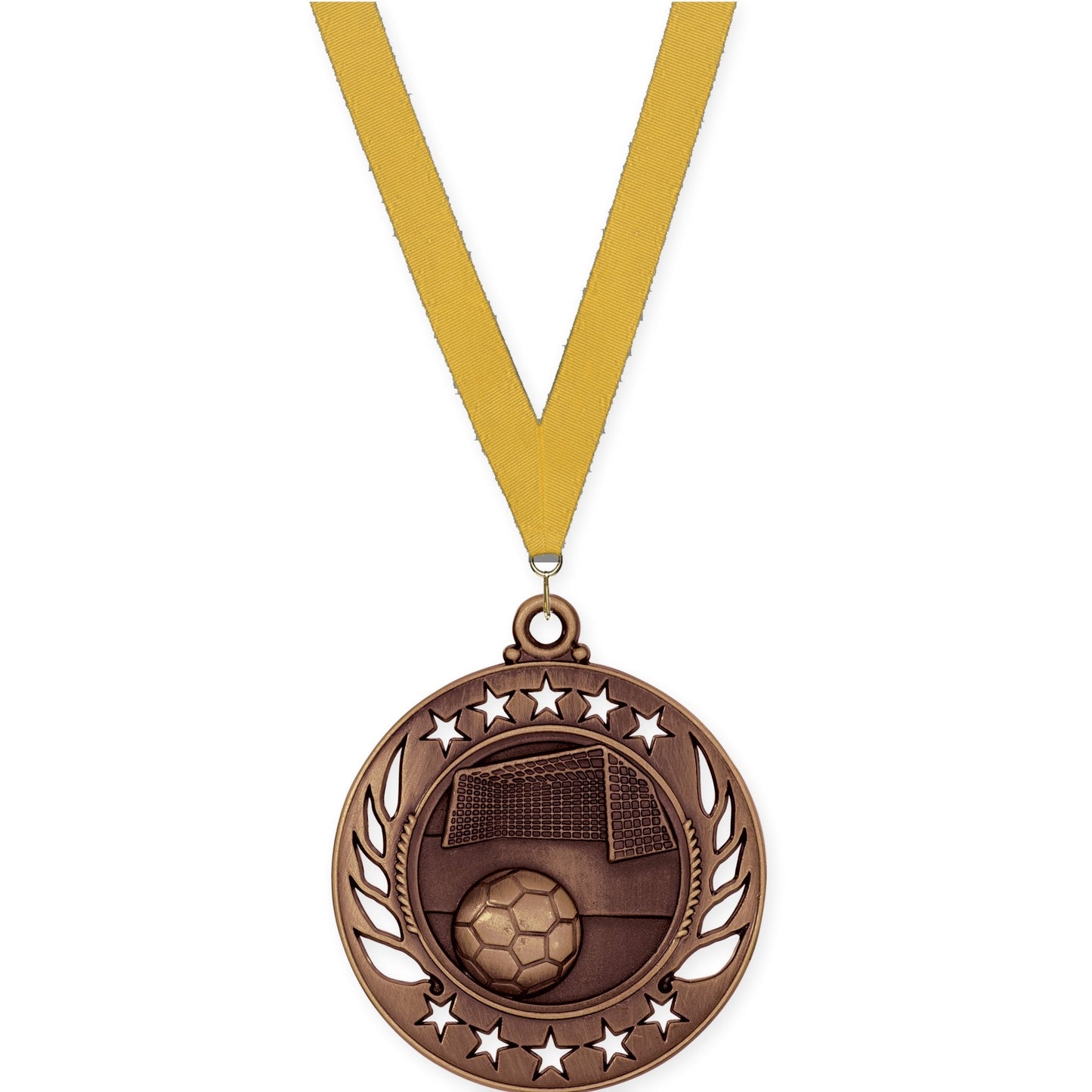 2 1/4 inch soccer Galaxy medal in antique bronze with Gold neck ribbon