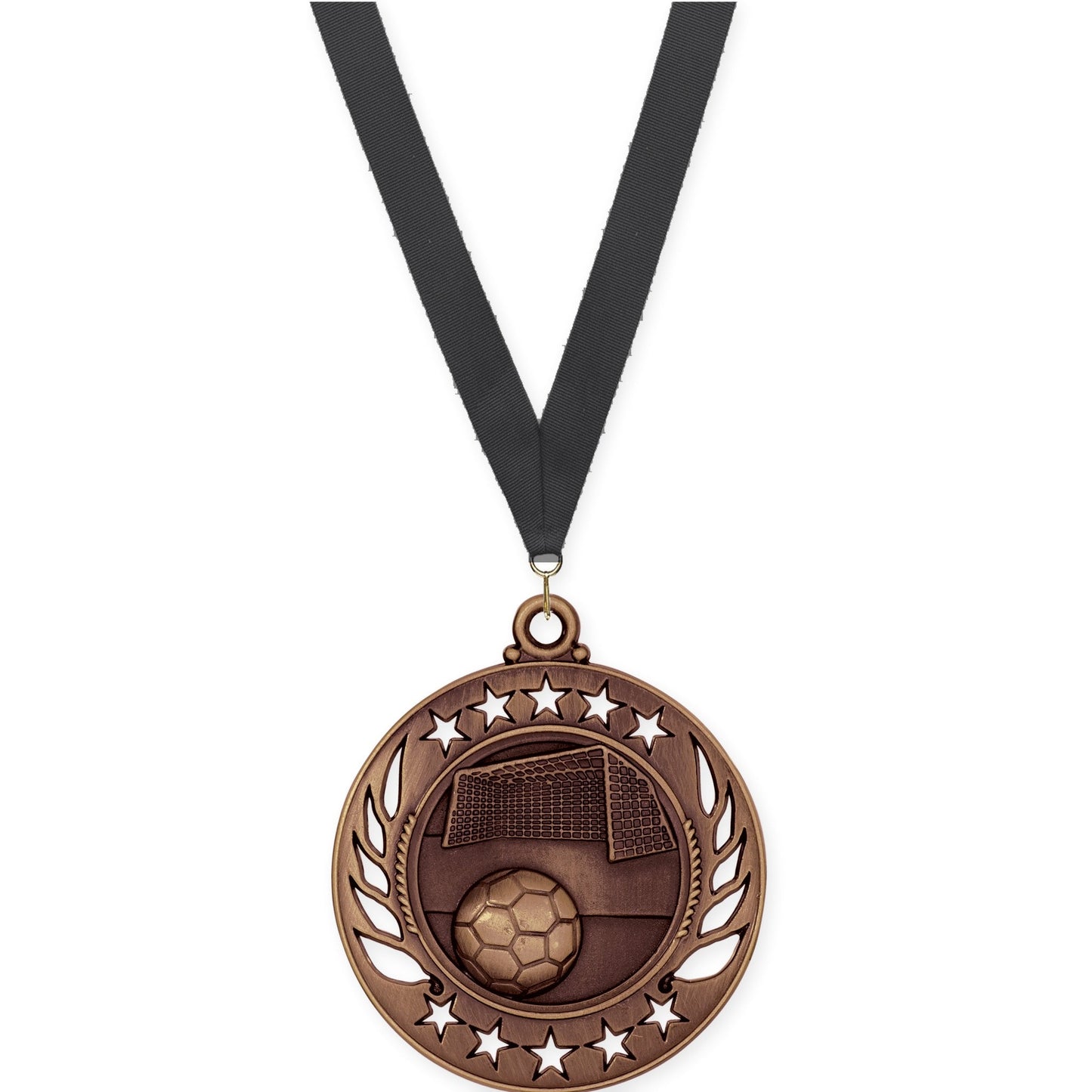 2 1/4 inch soccer Galaxy medal in antique bronze with Black neck ribbon