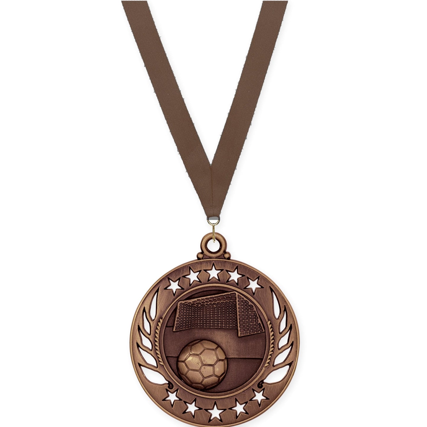 2 1/4 inch soccer Galaxy medal in antique bronze with Brown neck ribbon
