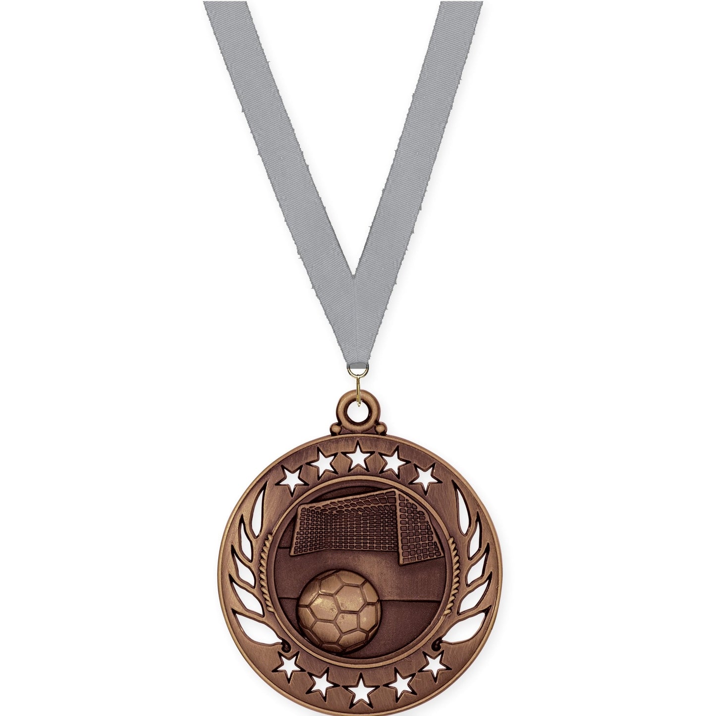 2 1/4 inch soccer Galaxy medal in antique bronze with Gray neck ribbon