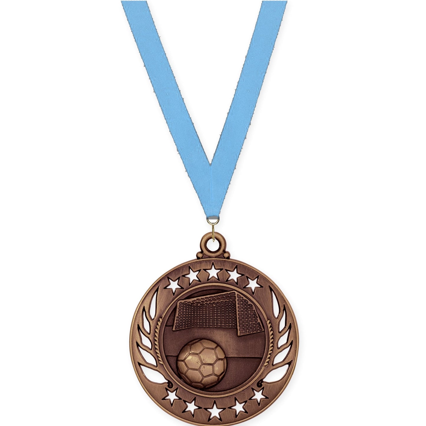 2 1/4 inch soccer Galaxy medal in antique bronze with Light Blue neck ribbon