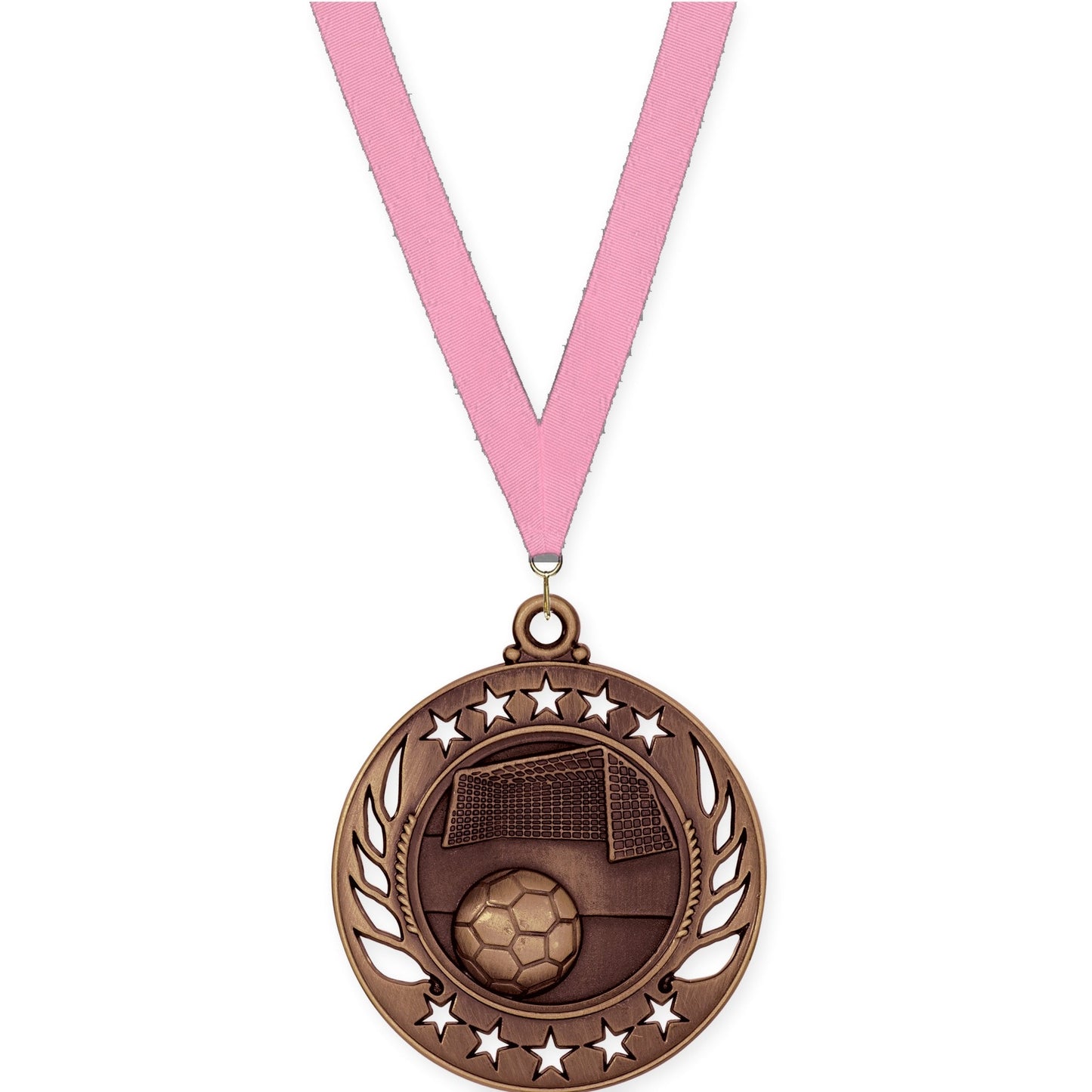 2 1/4 inch soccer Galaxy medal in antique bronze with Pink neck ribbon