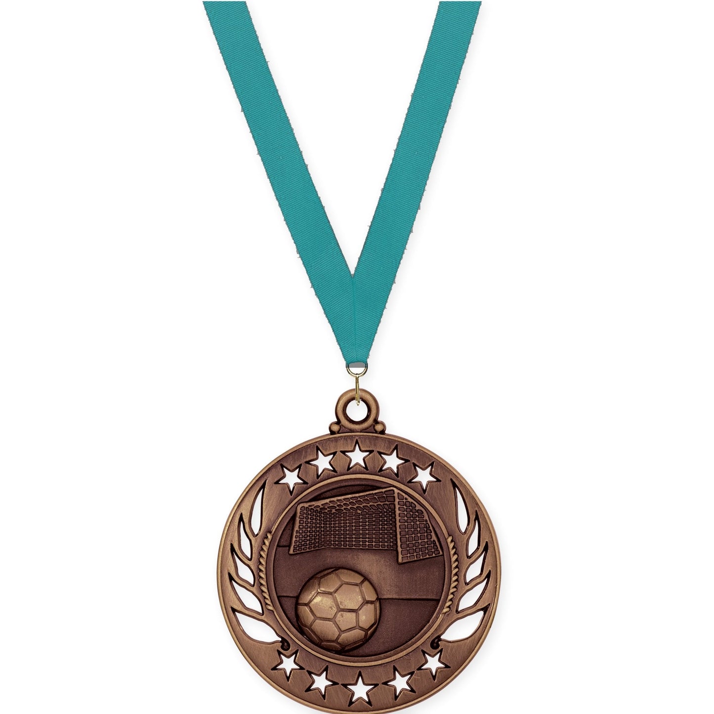 2 1/4 inch soccer Galaxy medal in antique bronze with Teal neck ribbon